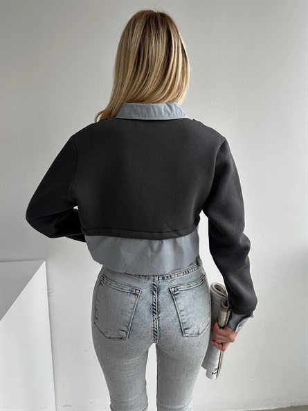 Gömlek Detay Tasarım Sweatshirt Füme