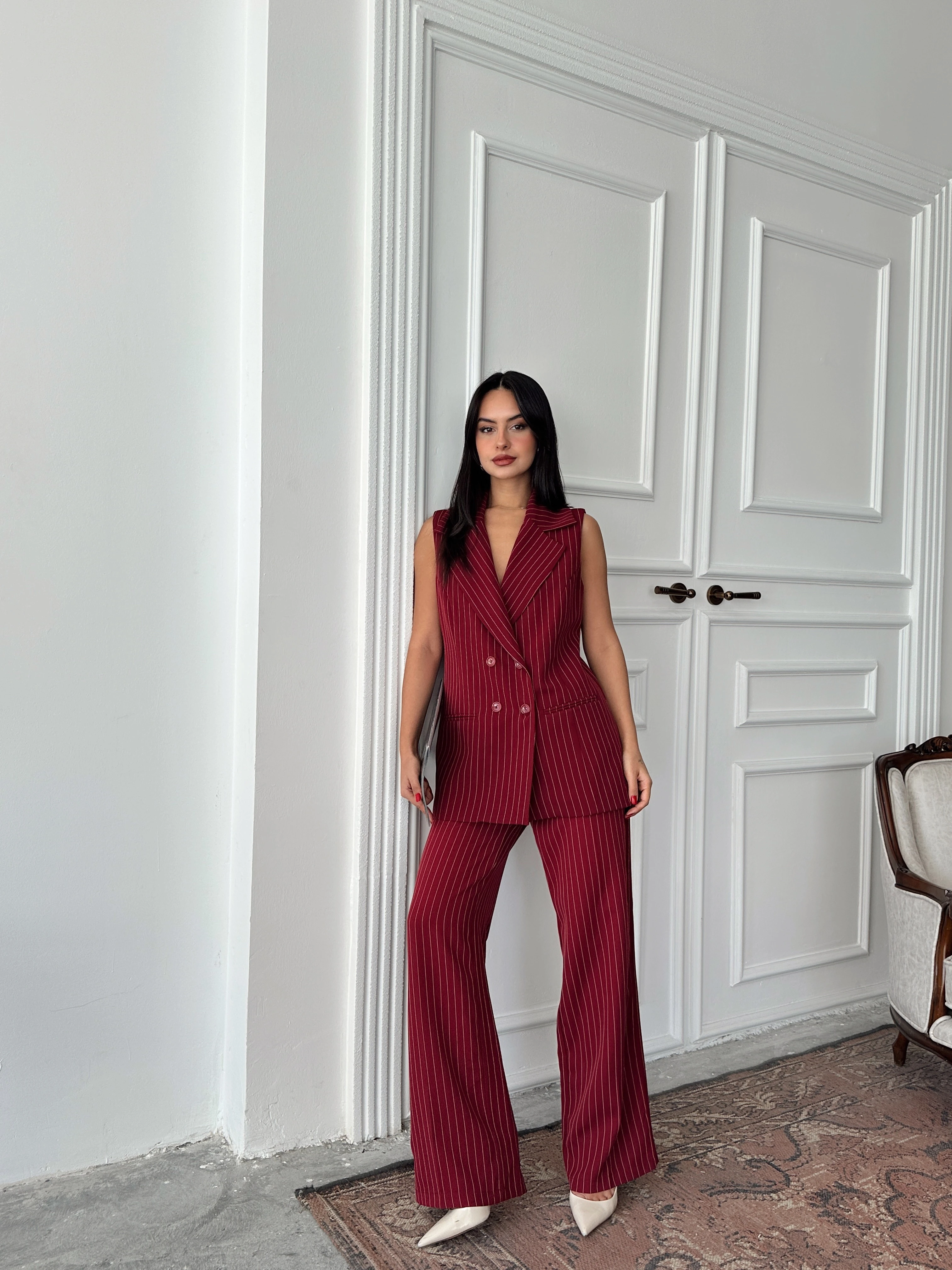 Ceket Yaka Line Yelek - Bordo