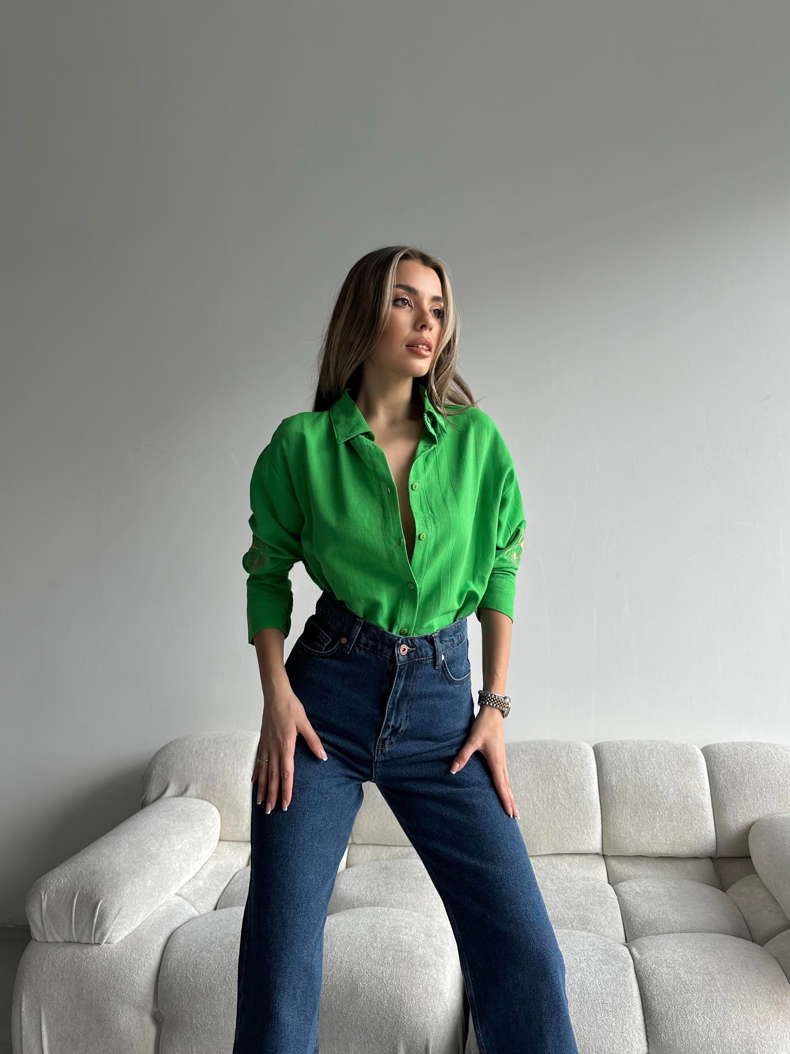 Kol Nakış İşleme Oversize Keten Gömlek Yeşil
