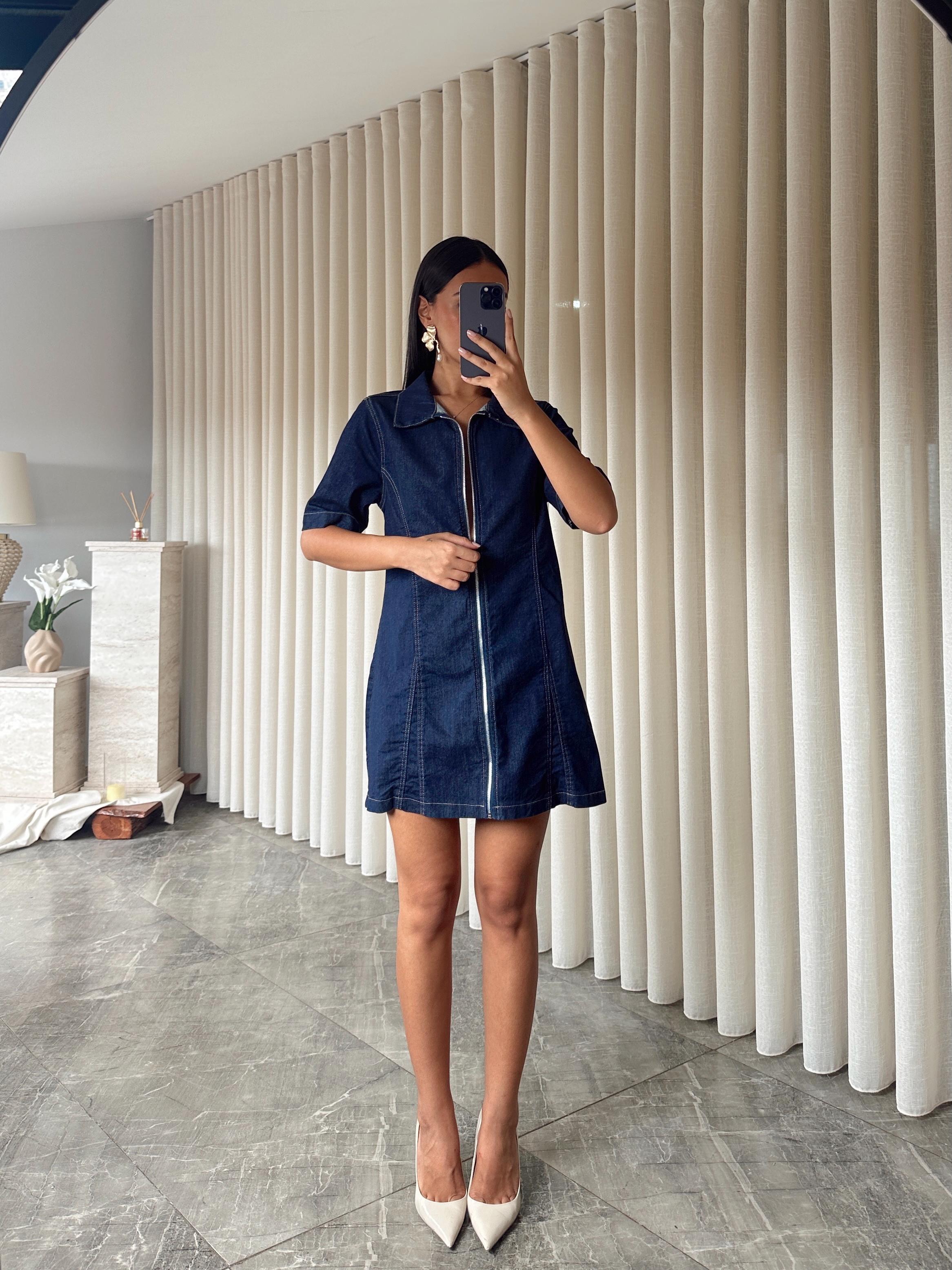 Fermuarlı Denim Elbise  - Lacivert