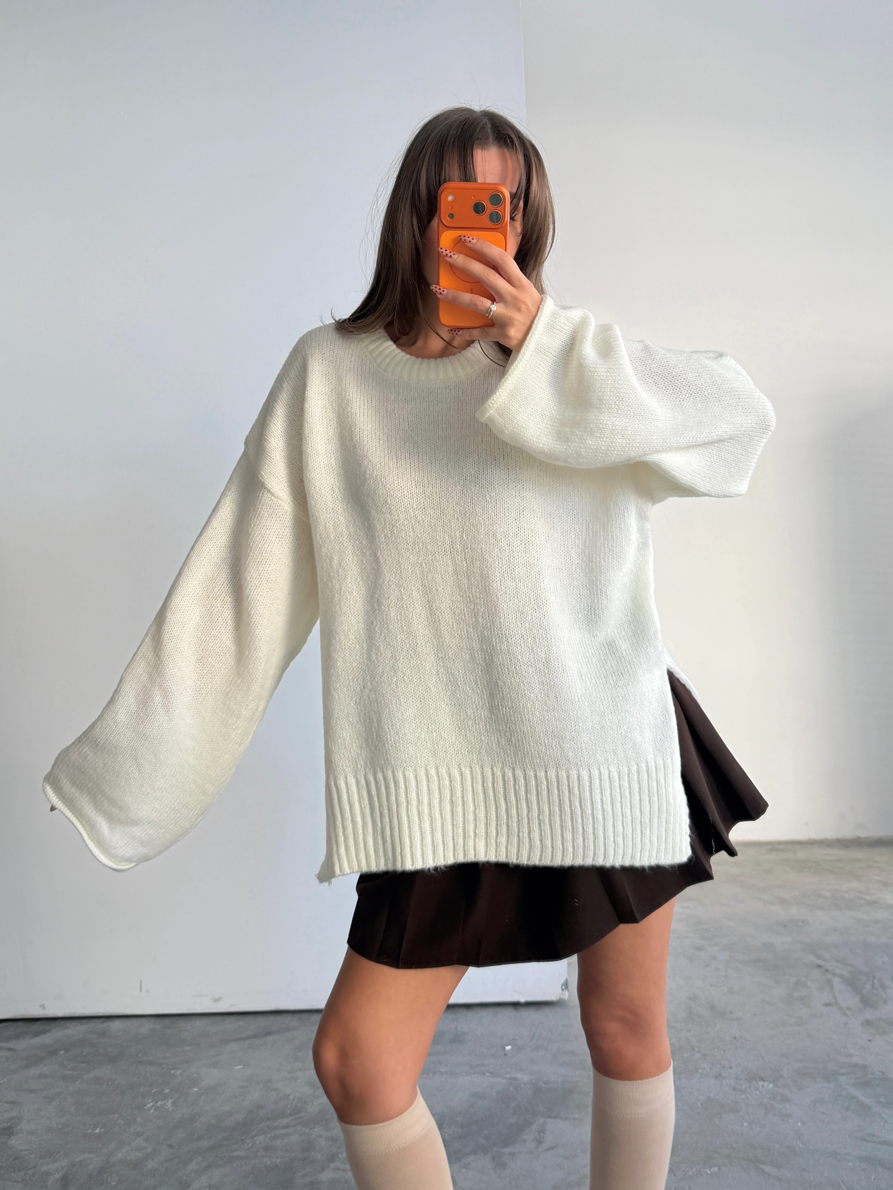 Yırtmaçlı Basic Triko  - Ekru