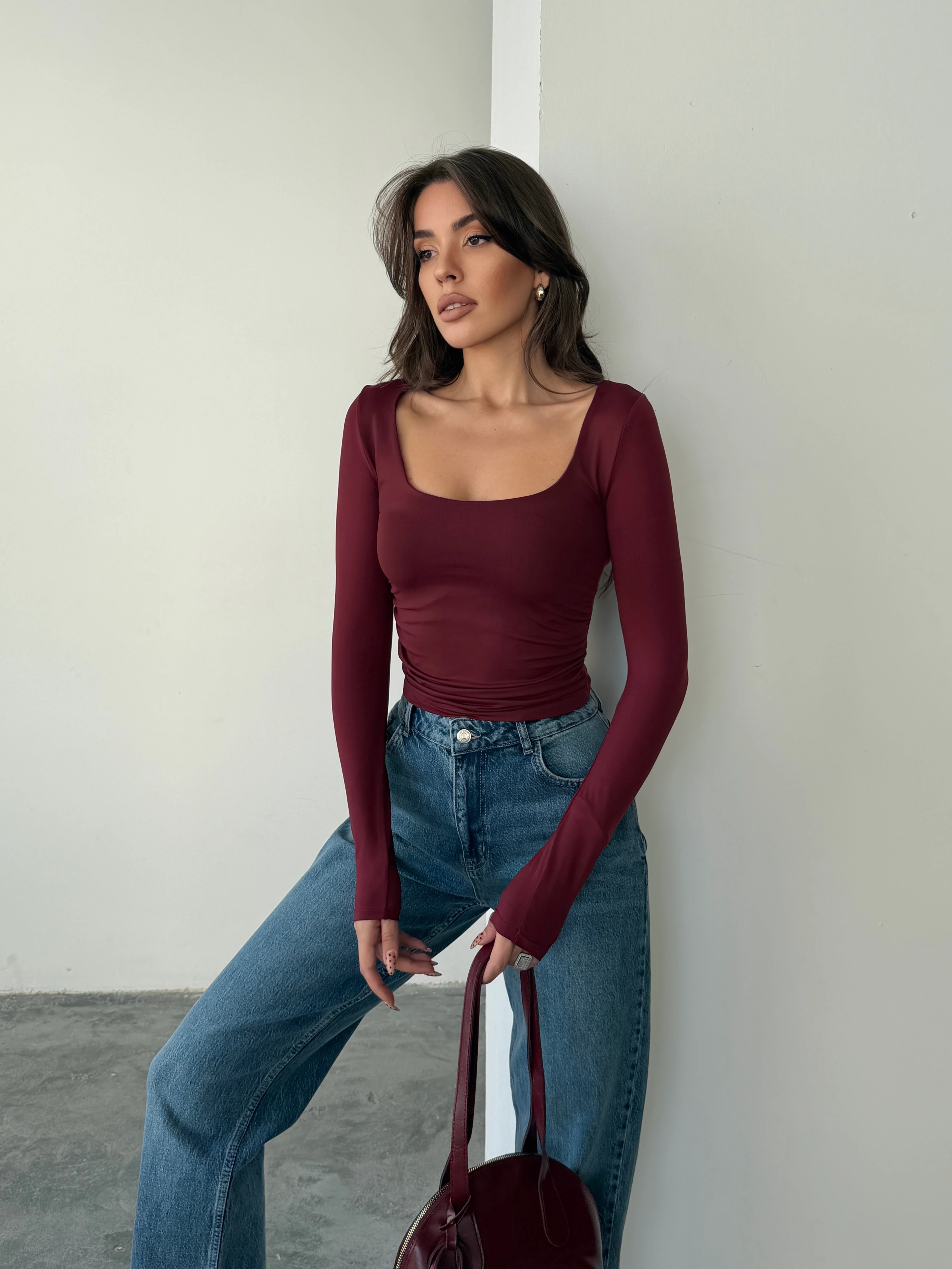 U Yaka Yan Büzgü Bluz - Mürdüm