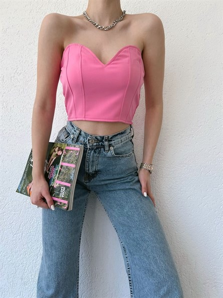 Kalp Yaka Korse Bluz Pembe