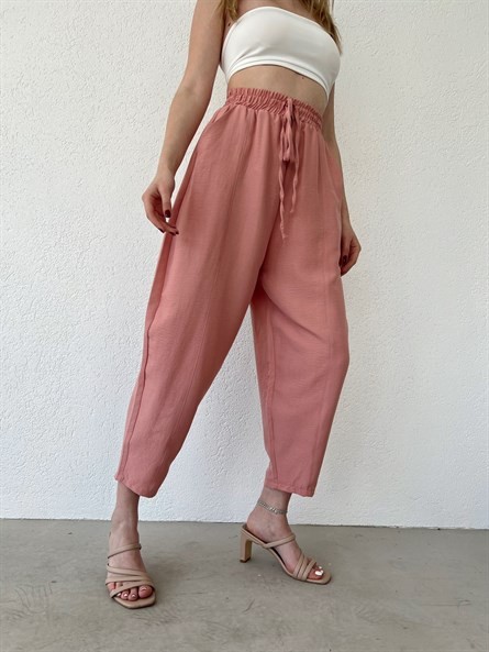 Bel Lastik Tiril Şalvar Pantolon Pembe
