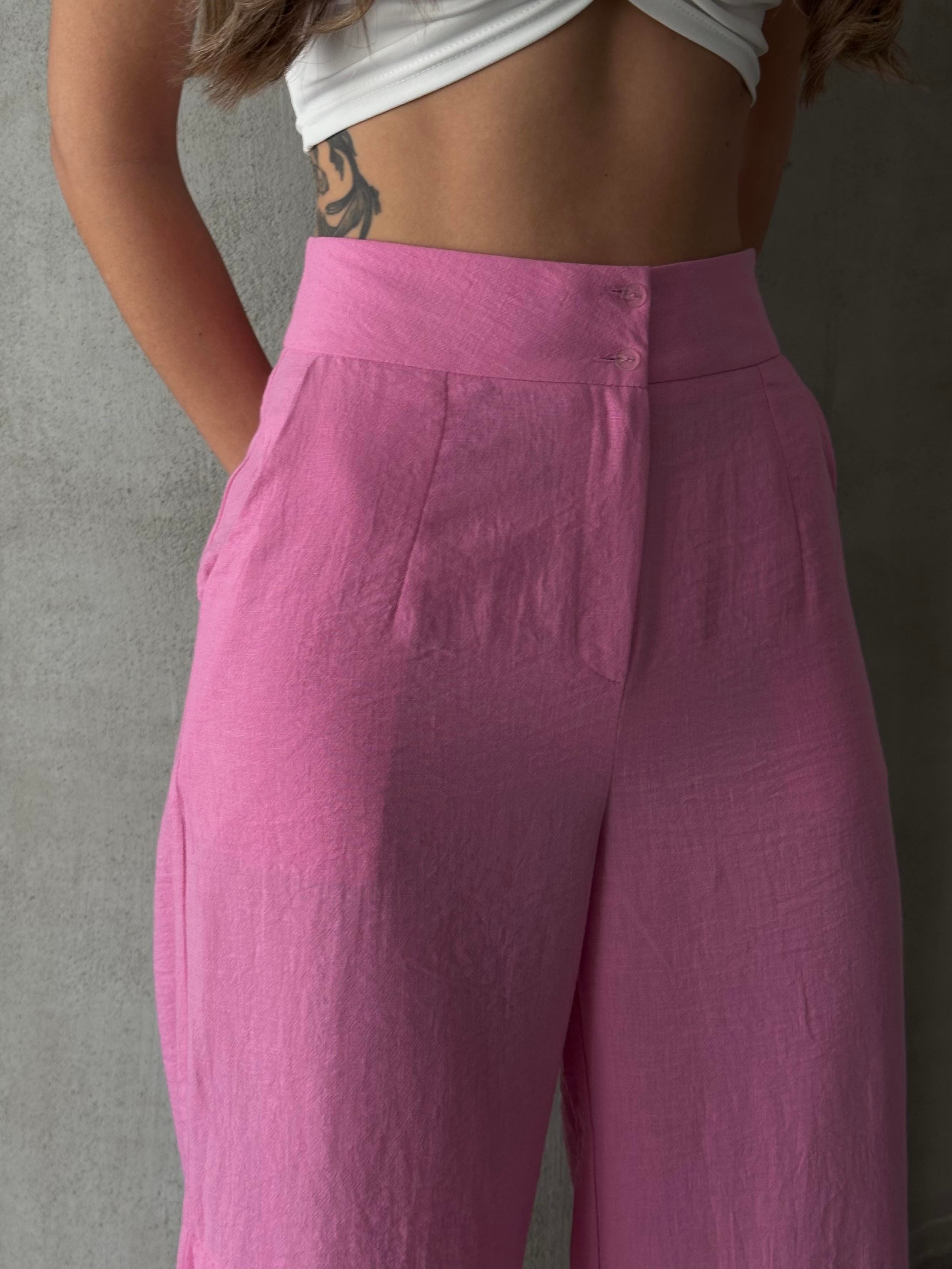 Ham Keten Paça Yırtmaçlı Pantolon Pembe