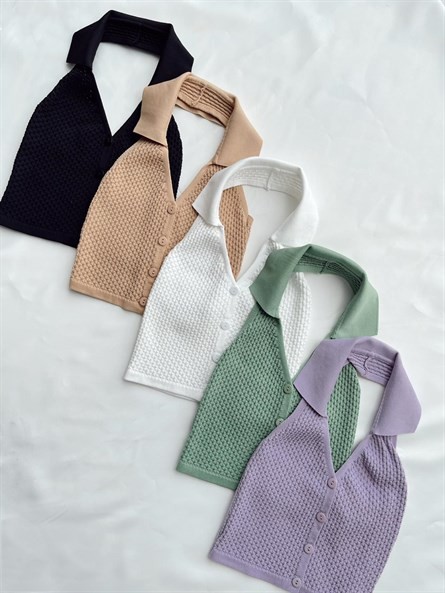 Polo Yaka Düğmeli Kabartma Bluz Taba