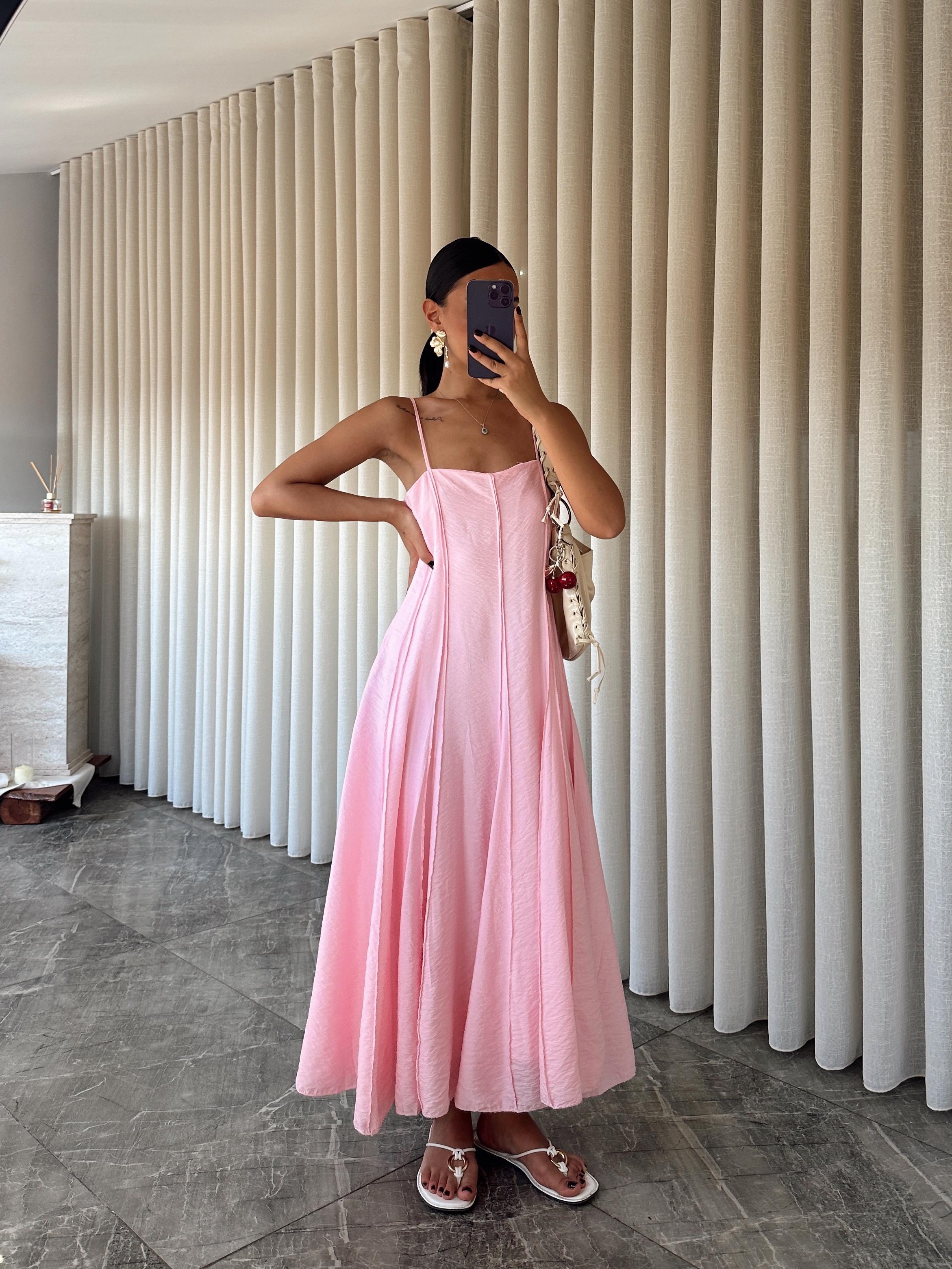 Dikiş Detay Askılı Elbise - Pembe