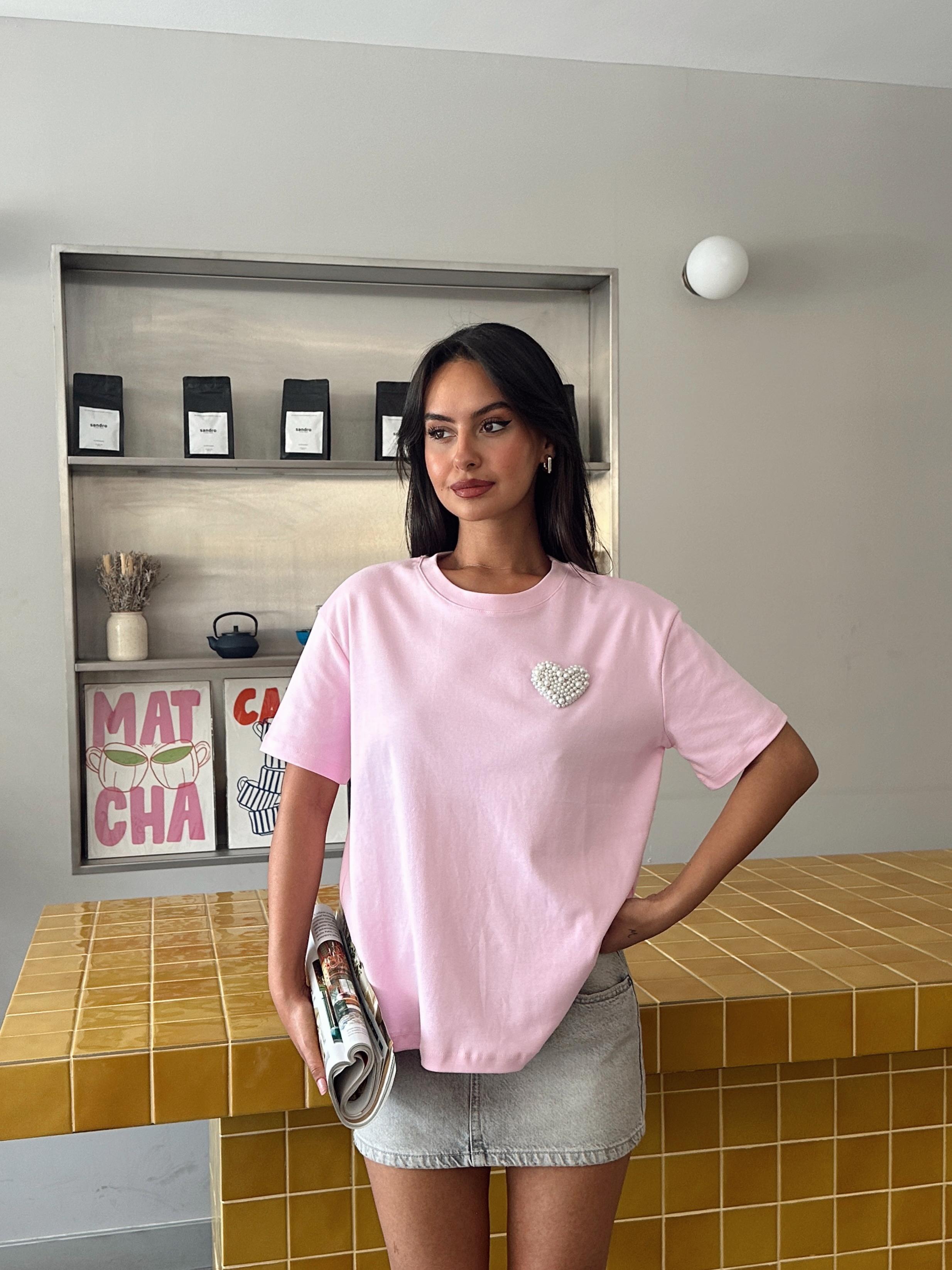 İnci Detay Oversize Basic - Pembe