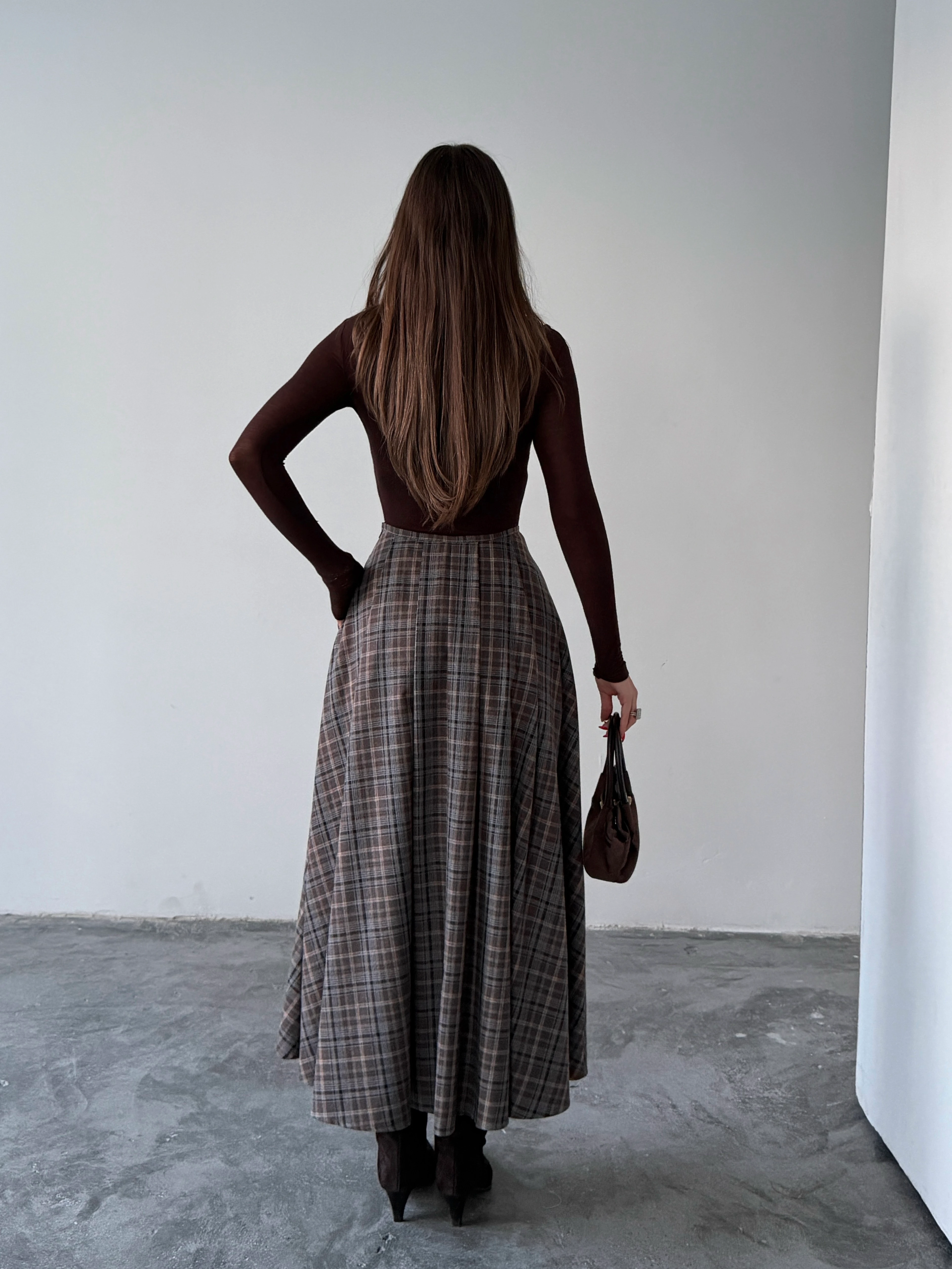 Pile Detaylı Ekose Kloş Etek - Kahve