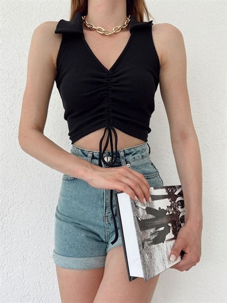 Polo Yaka Ön Büzgü Crop Siyah