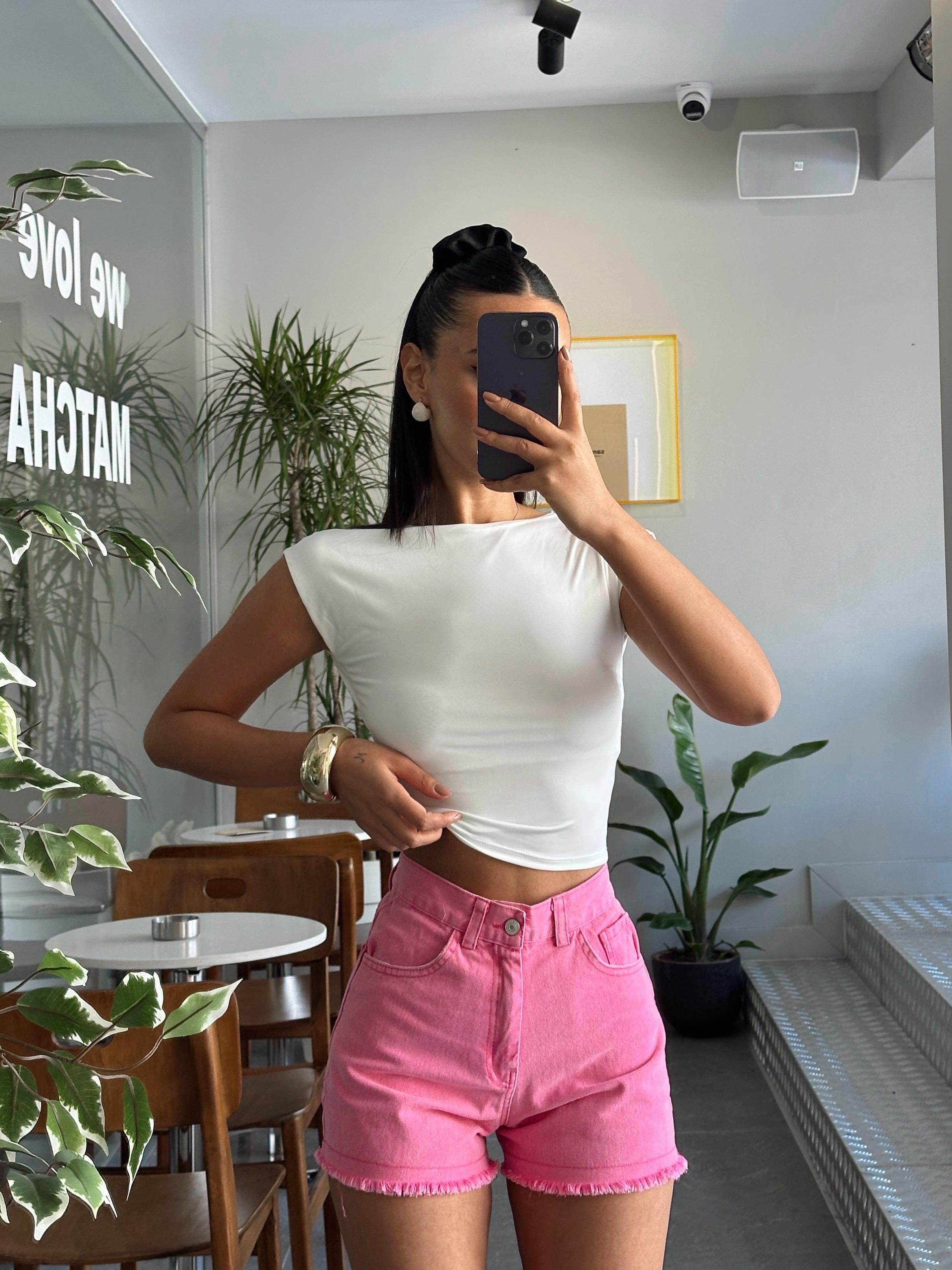 Paça Püskül Kot Şort - Pembe