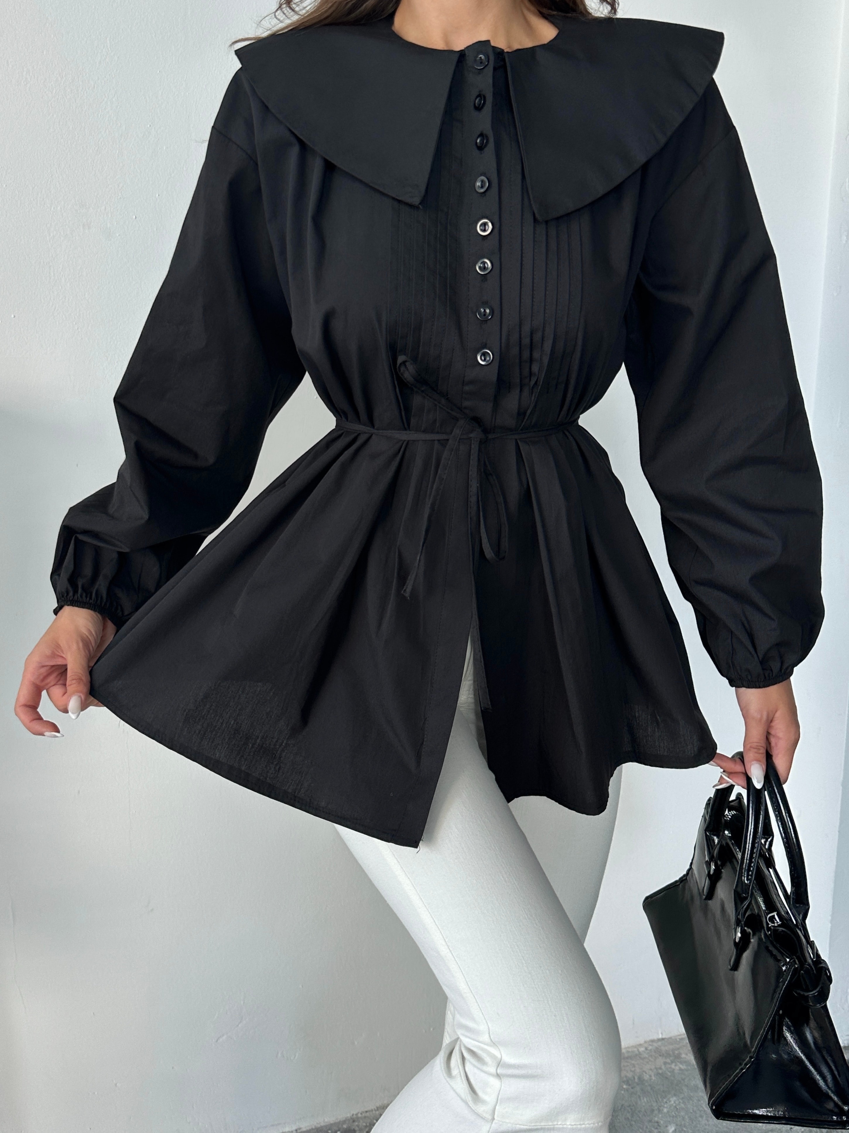 Geniş Yaka Poplin Gömlek - Siyah