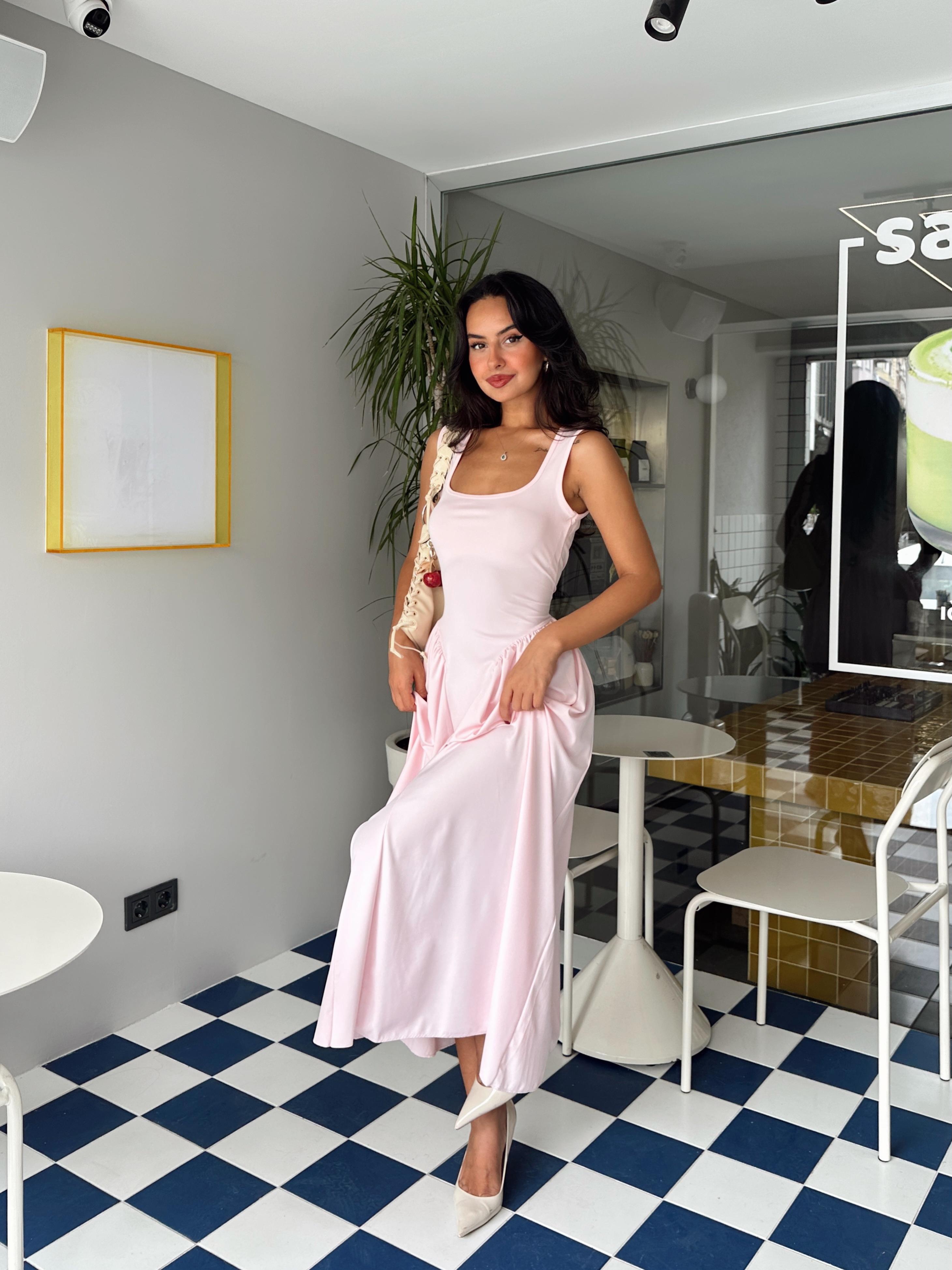 Korse Detaylı Midi Elbise - Pembe
