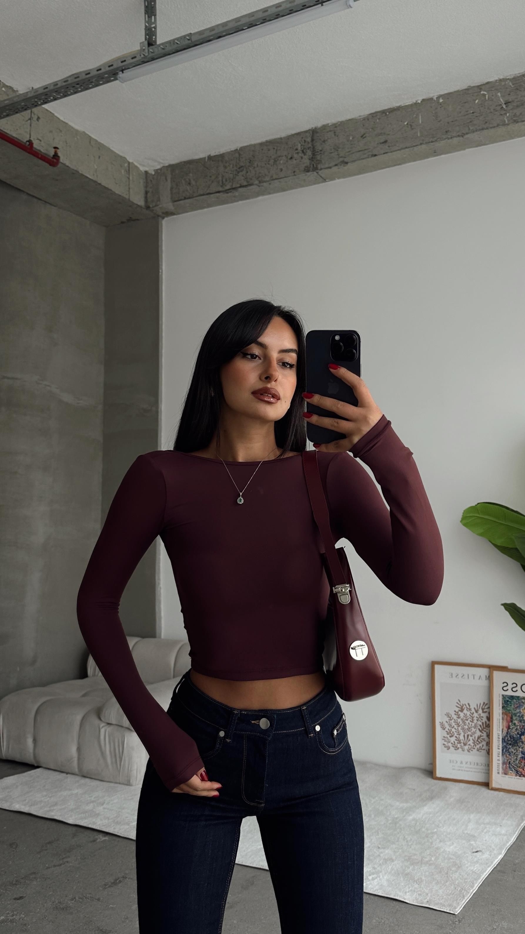 Sırt Dekolte Scuba Bluz Bordo