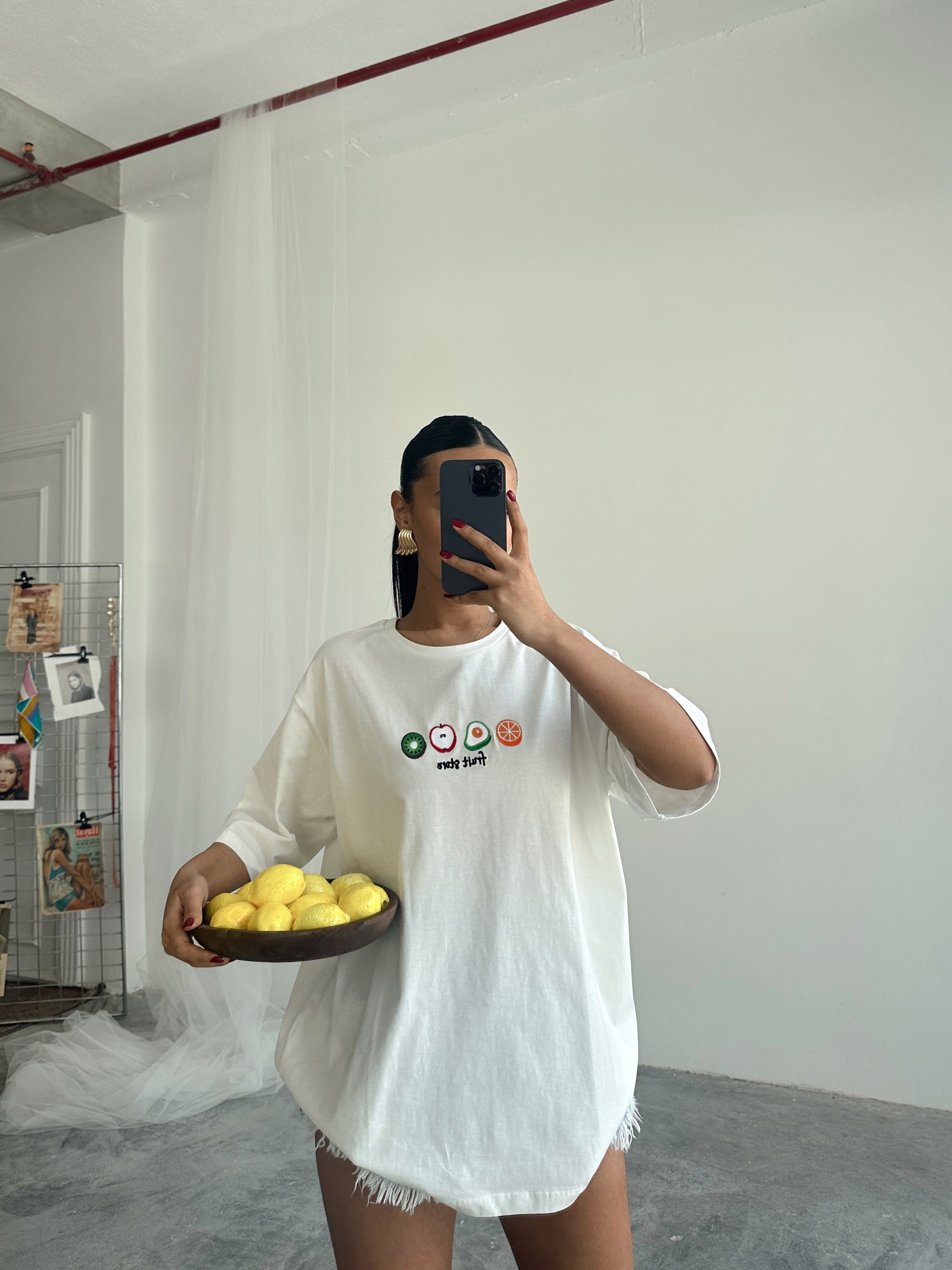 Fruit Nakış Basic T-shirt Beyaz