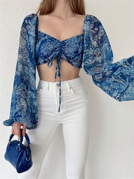 Summer Etnik Tül Bluz Mavi