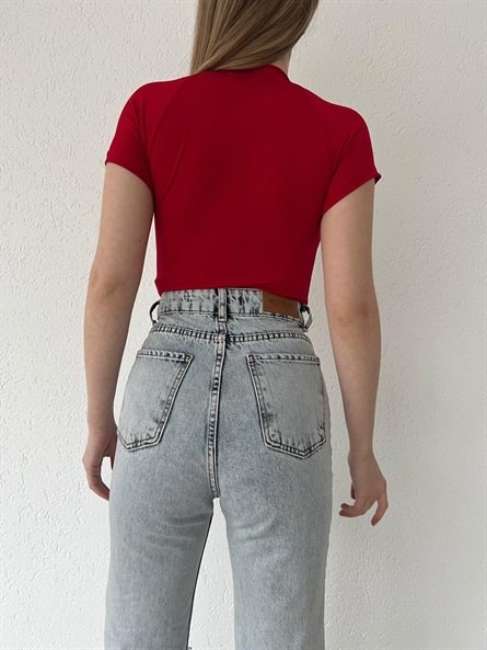 Fermuarlı Dik Yaka Sandy Bodysuit Kırmızı