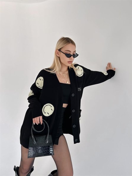 Oversize Emoji Triko Hırka Siyah