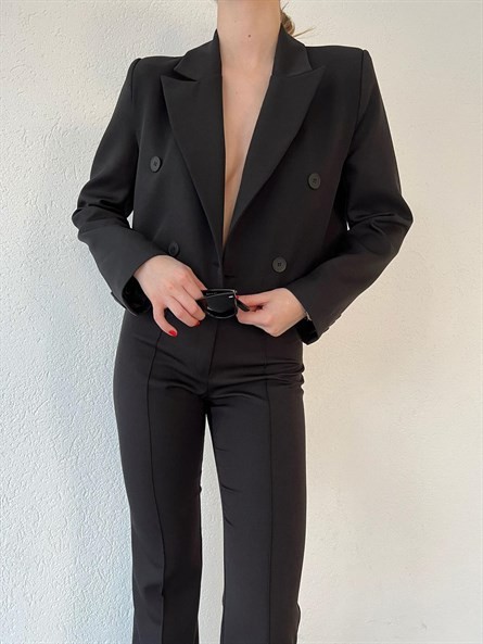 Düğmeli Kruvaze Crop Blazer Ceket Siyah