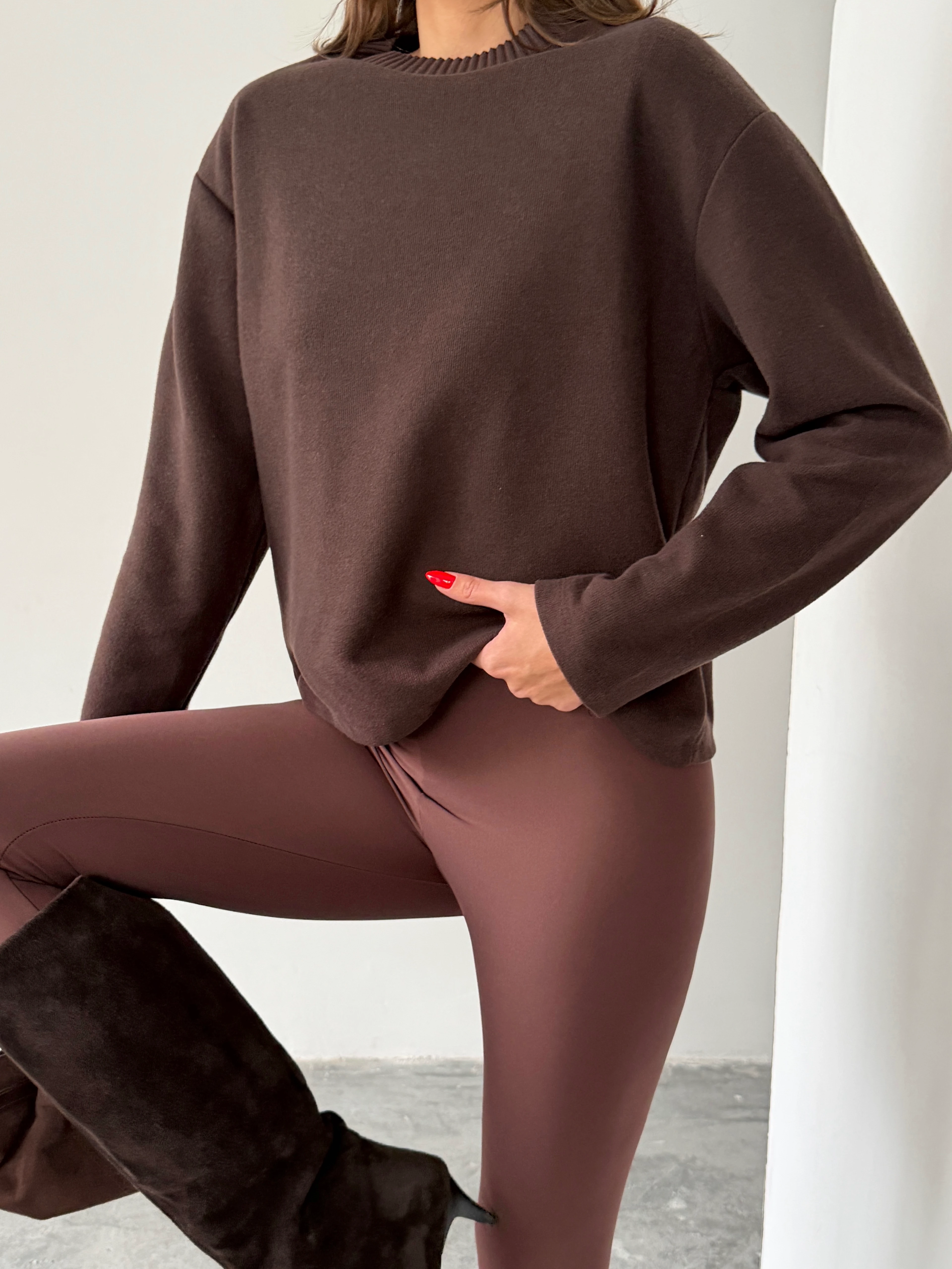 Yaka Ribana Detay Sweat - Kahve