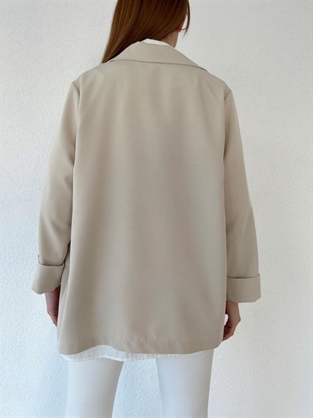Oversize Düğmeli Kruvaze Ceket Taş