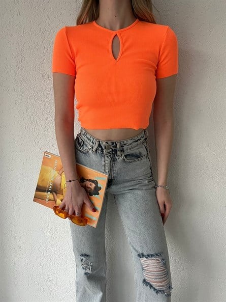 Boyun Dekolte Fitilli Basic Neon Turuncu