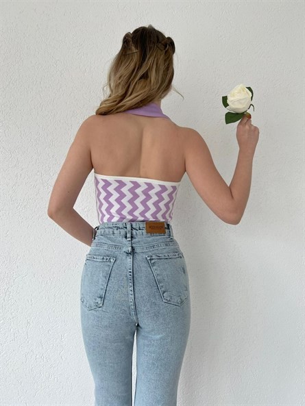 Polo Yaka Düğmeli Triko Bluz Lila