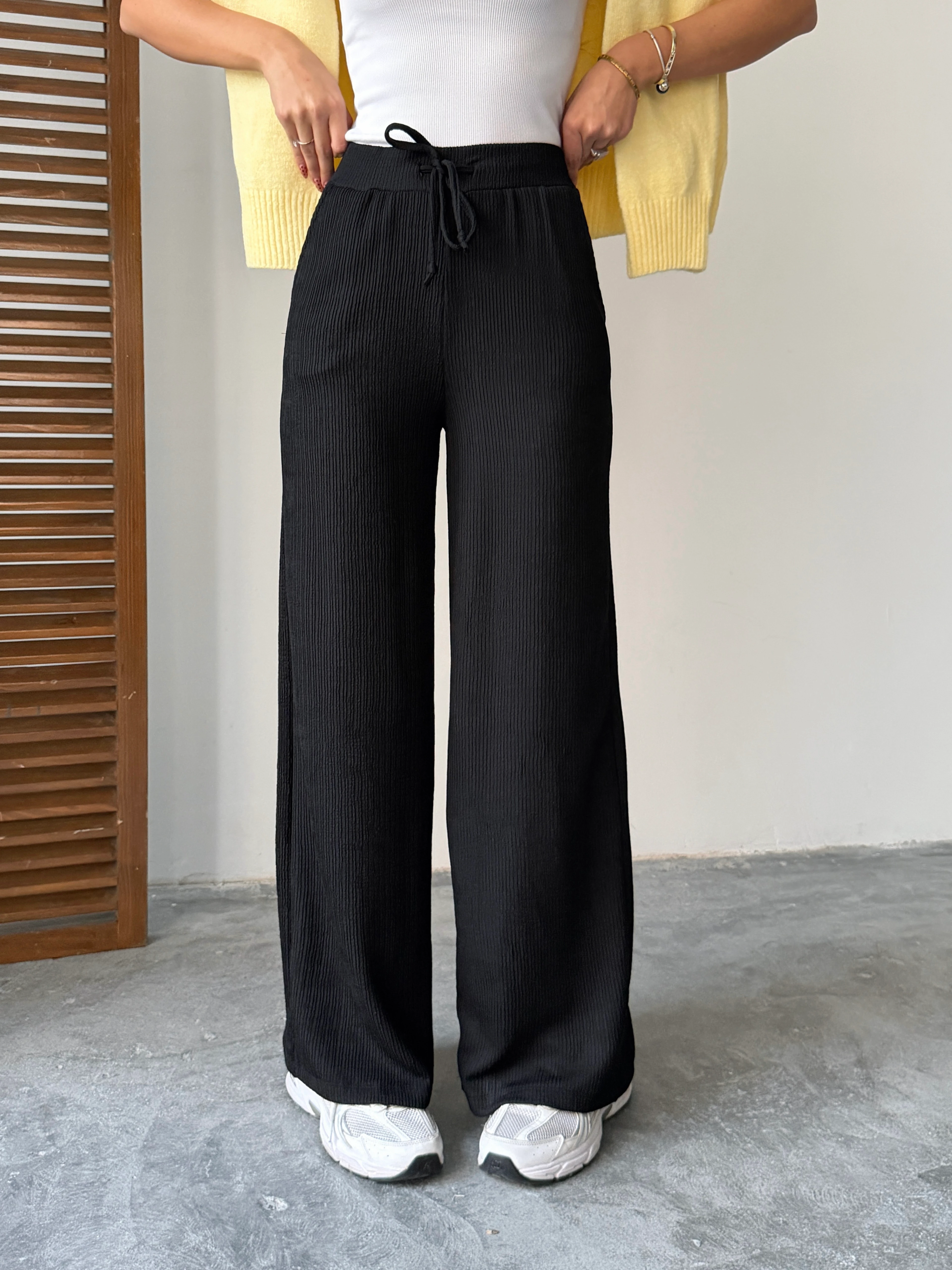 Bel Bağcık Fitilli Pantolon - Siyah