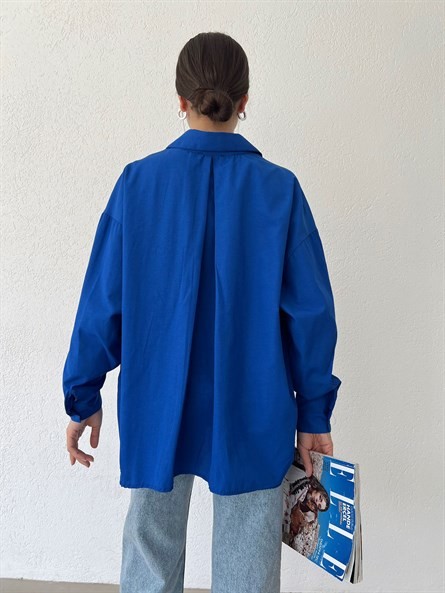 Balon Kol Oversize Poplin Gömlek Saks Mavi