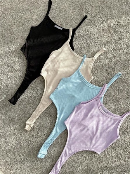 Askılı Fitilli Bodysuit Siyah