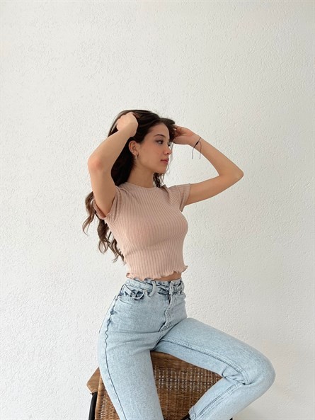 Bisiklet Yaka Fitilli Crop Vizon
