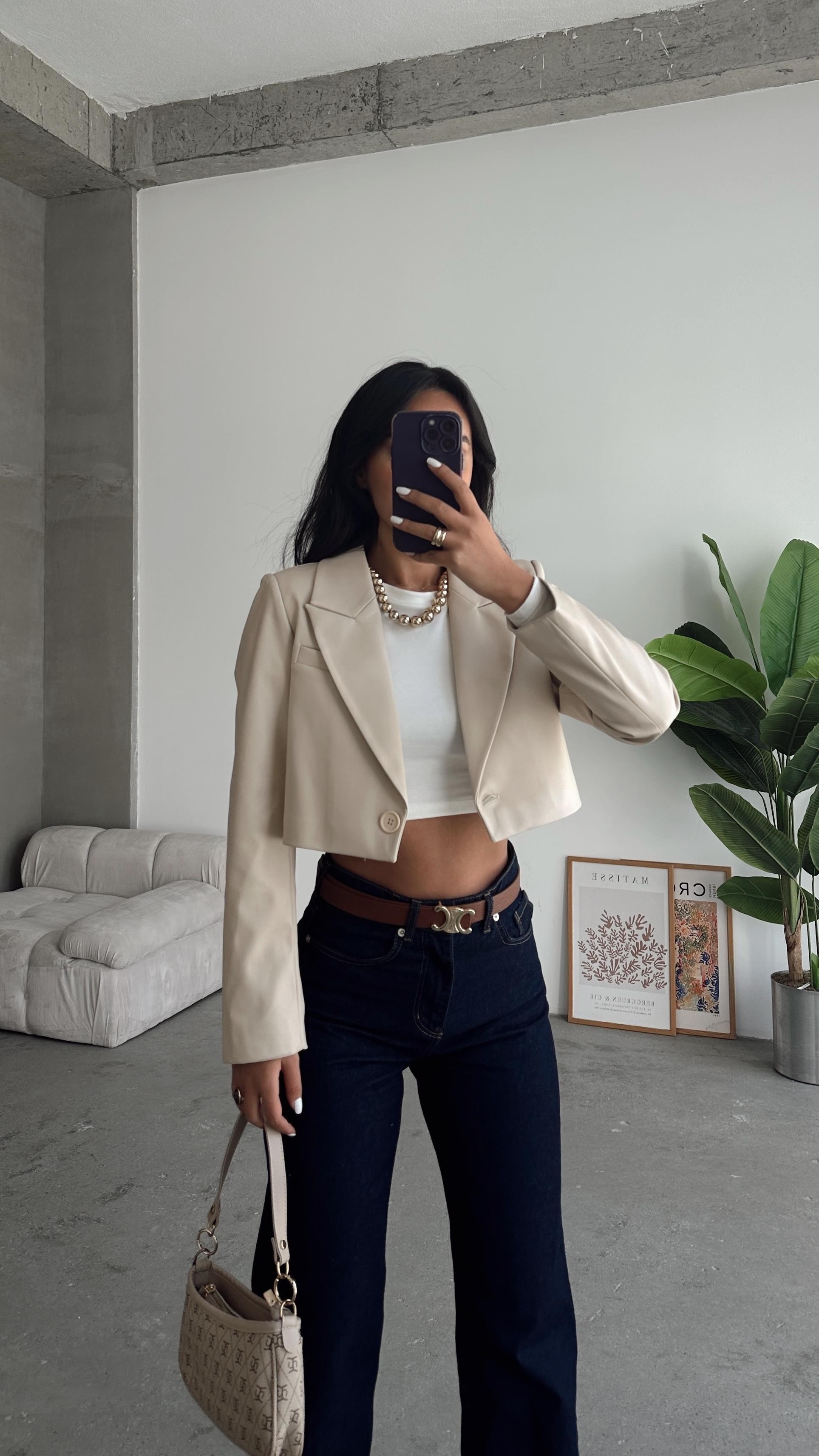 Crop Deri Blazer Ceket Bej