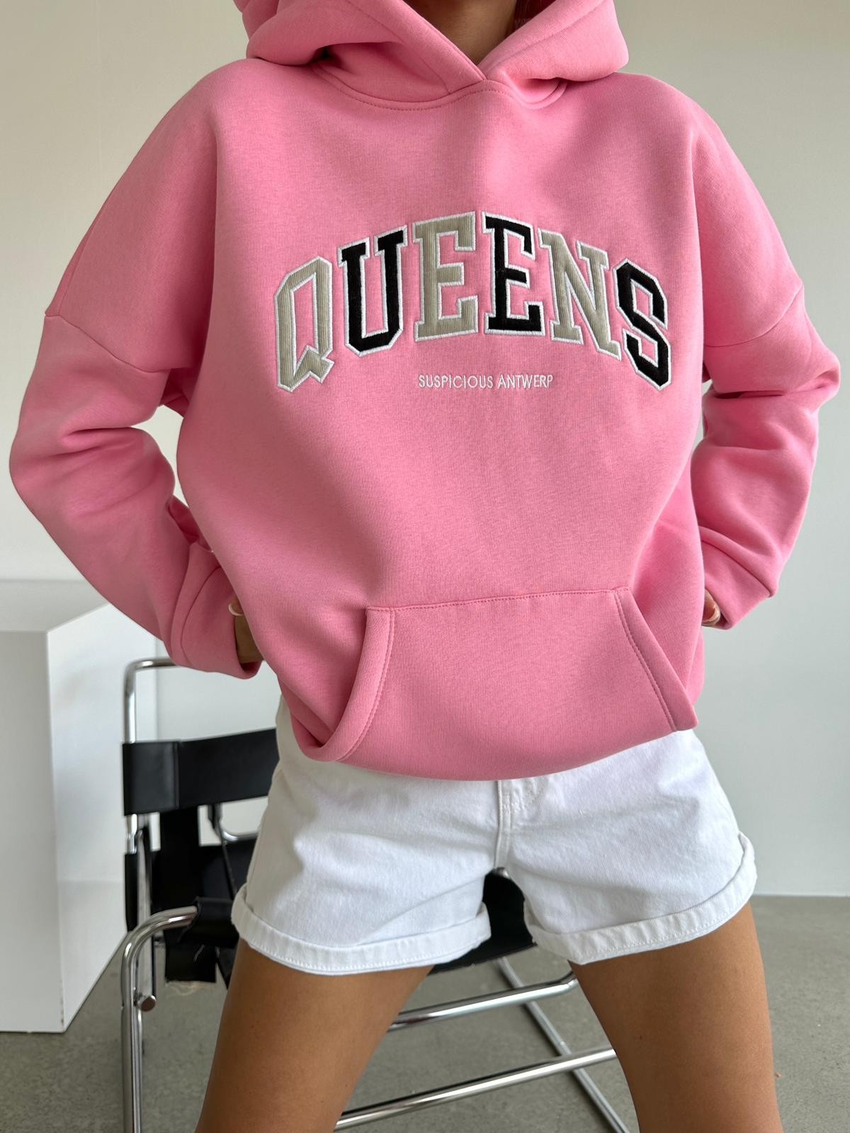 Queens Üç İplik Kapüşonlu Oversize Sweat Pembe