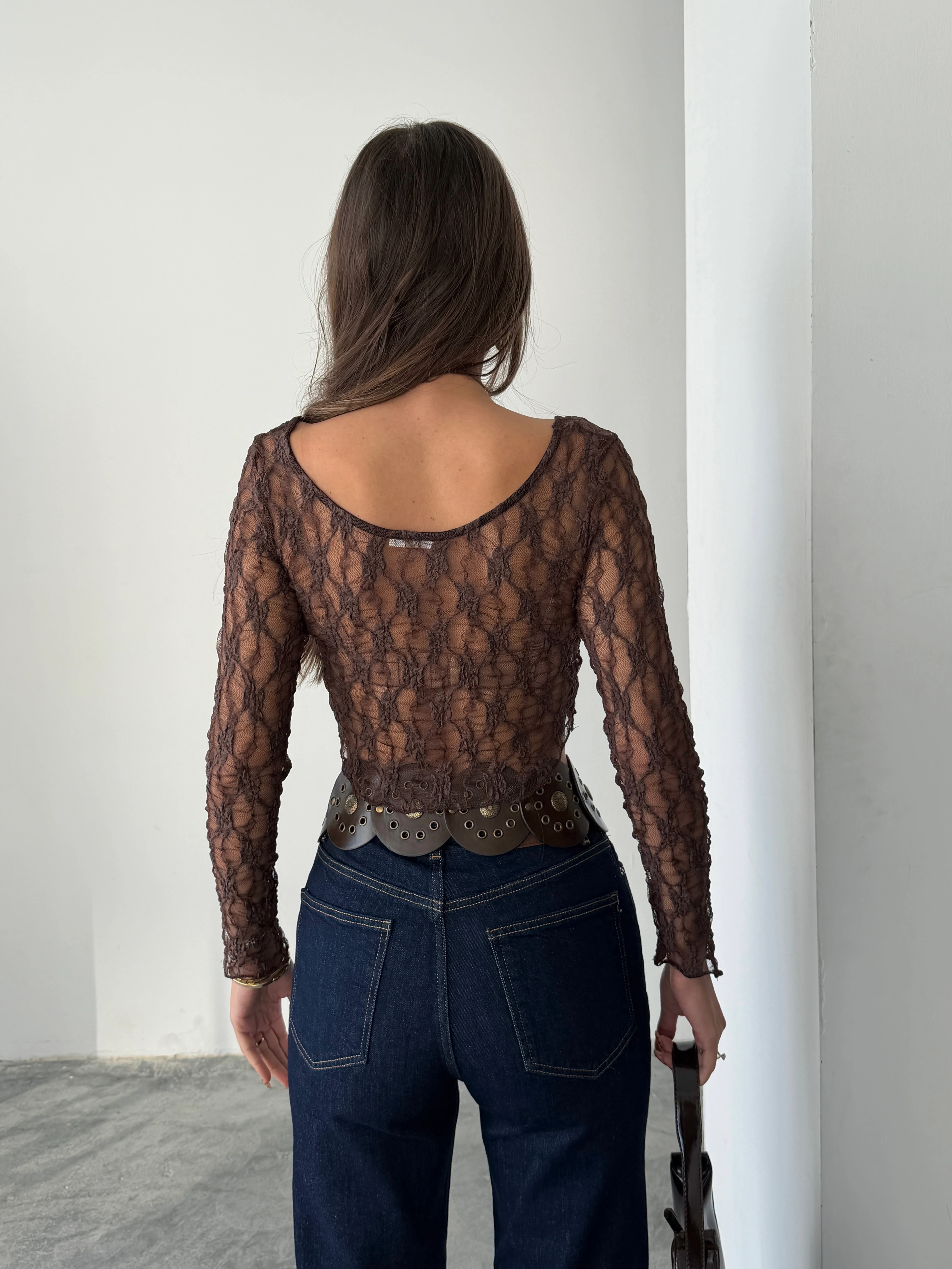 Kayık Yaka Dantel Bluz - Kahve