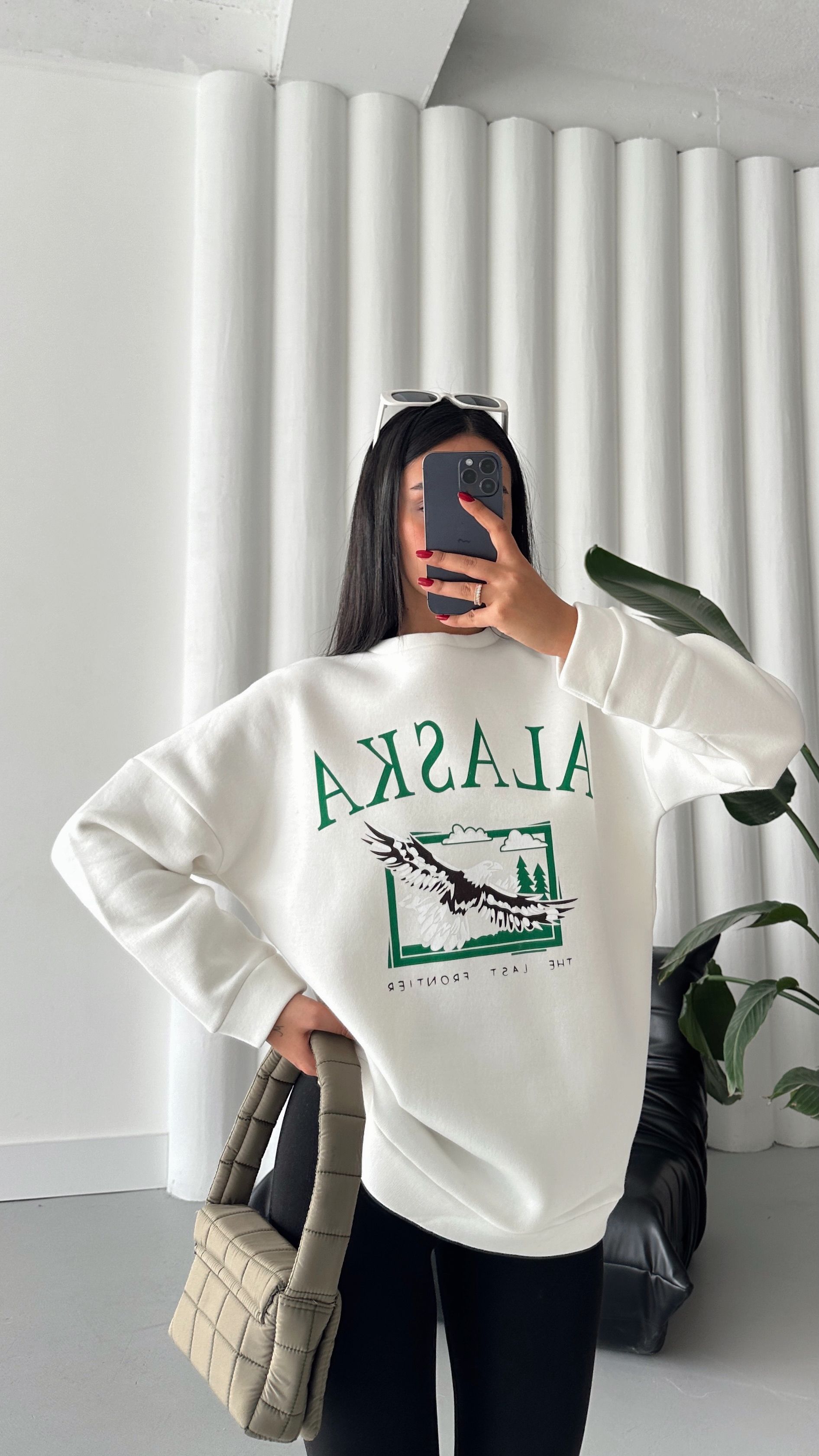 Alaska Üç İplik Şardonlu Oversize Sweat Beyaz