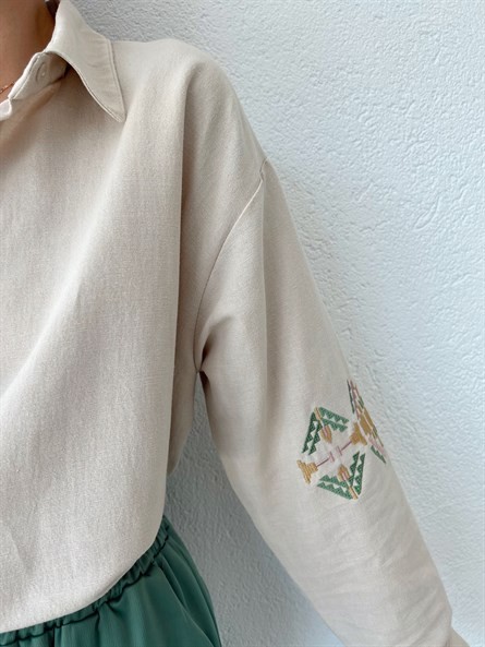 Kol Nakış İşleme Oversize Keten Gömlek Ekru