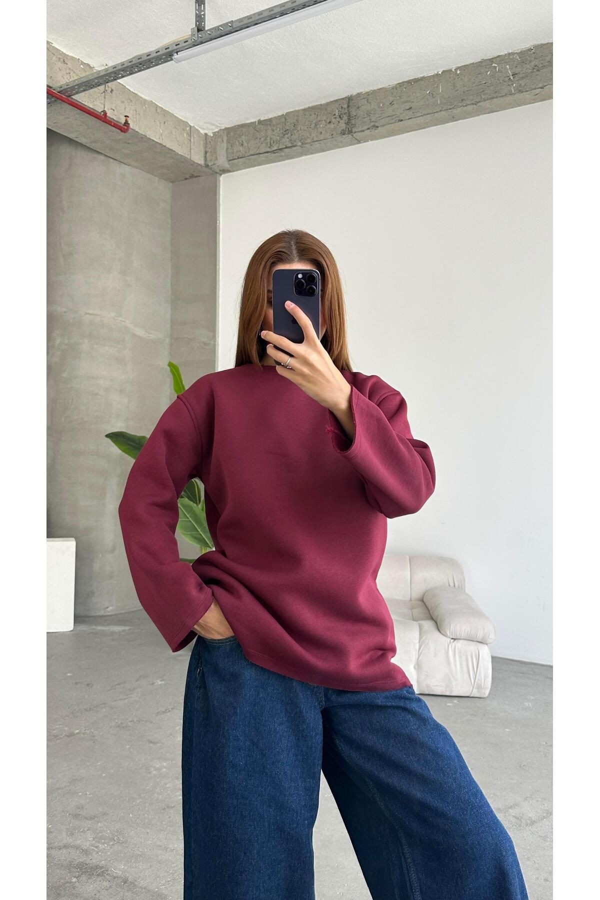 Şardonlu Basic Sweatshırt Bordo