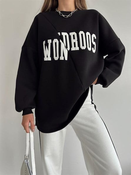 Wondroos Yan Yırtmaç Oversize Sweatshirt Siyah