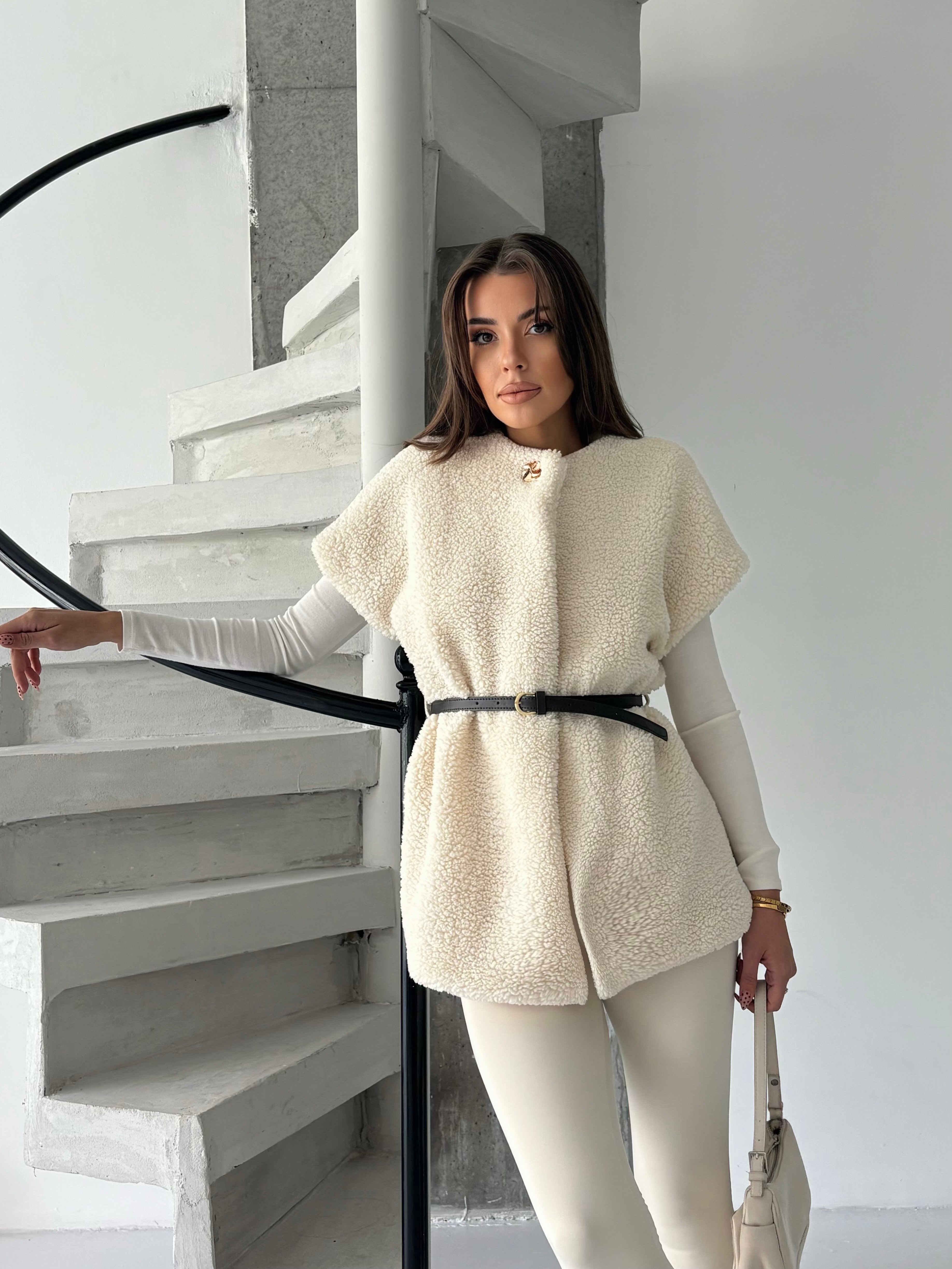 Kemerli Kürk Yelek - Ekru