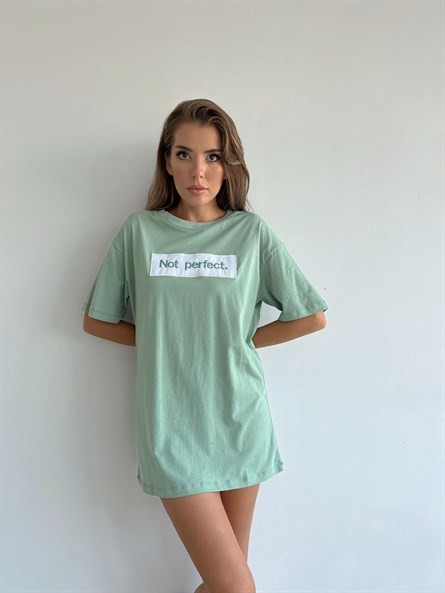 Not Perfect İşleme Oversize Basic Mint-Beyaz