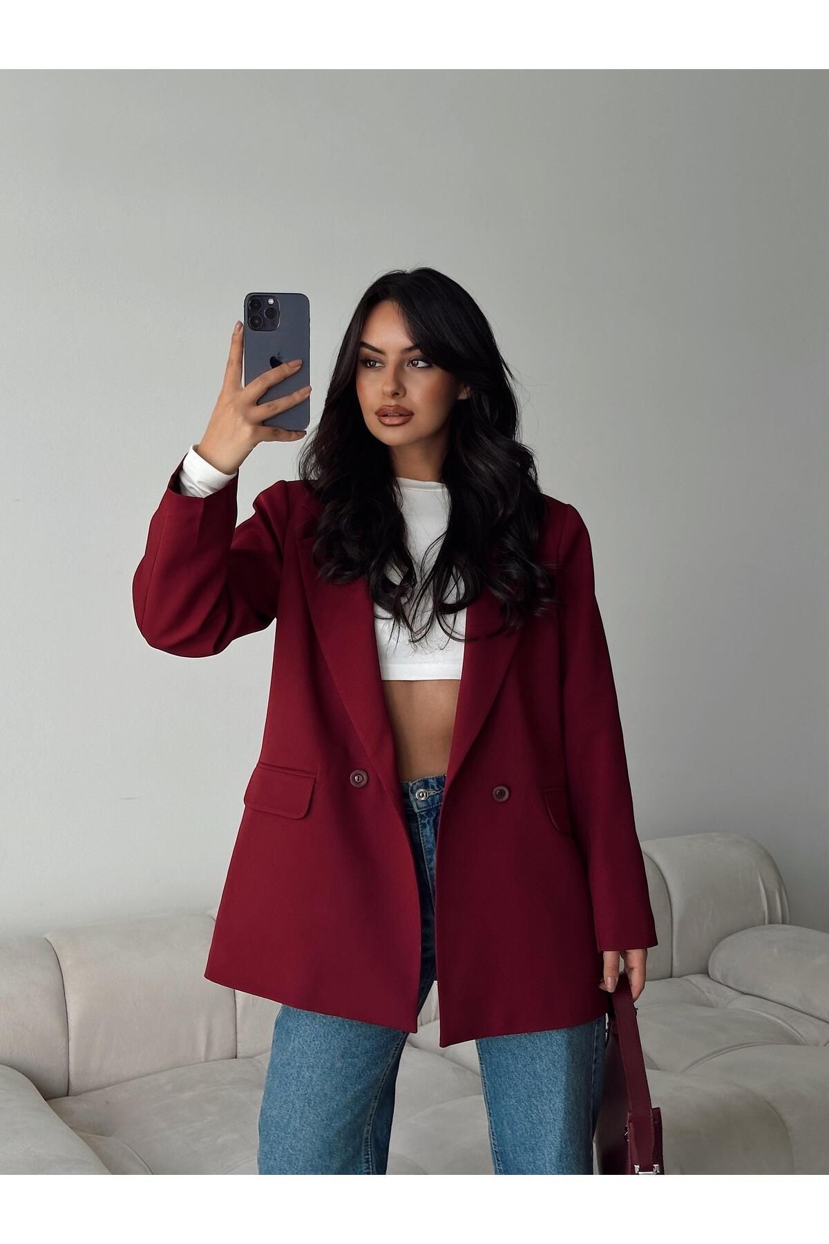 Çift Düğme Blazer Ceket Bordo