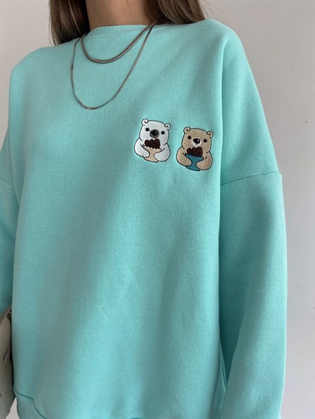 Twin Bear İşleme Oversize Sweatshirt Turkuaz