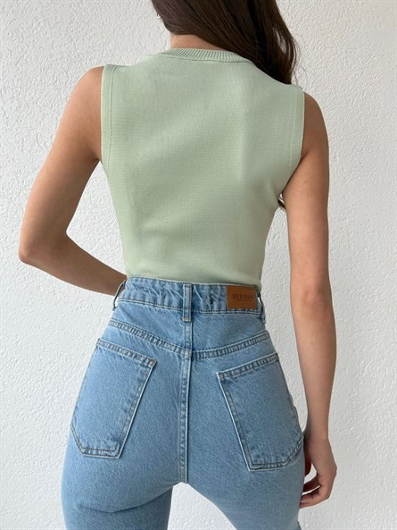 Dik Yaka Kolsuz Triko Bluz Mint