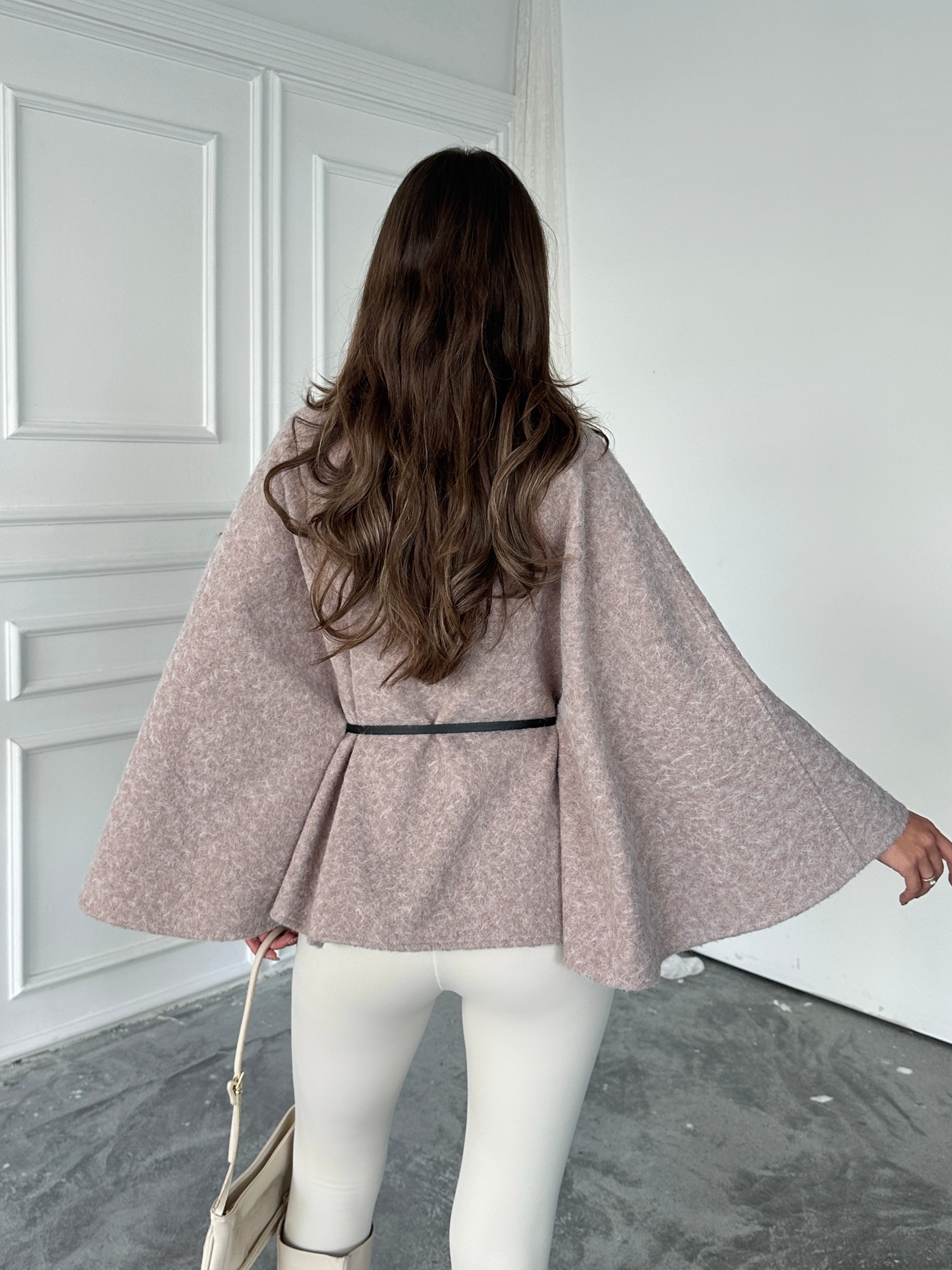 Kırçıllı Kaşe Panço  - Pudra Pembe