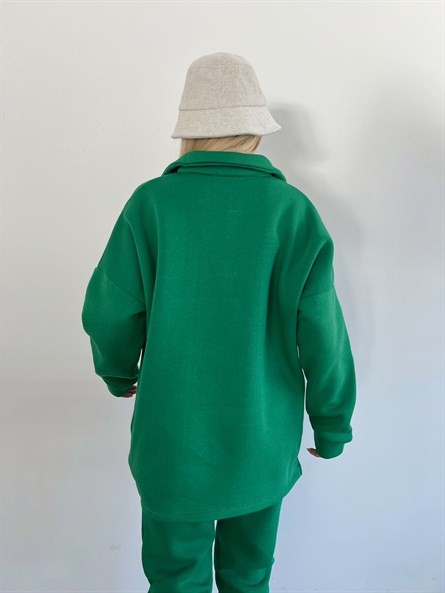 Polo Yaka Etiket Detay Sweatshirt Yeşil