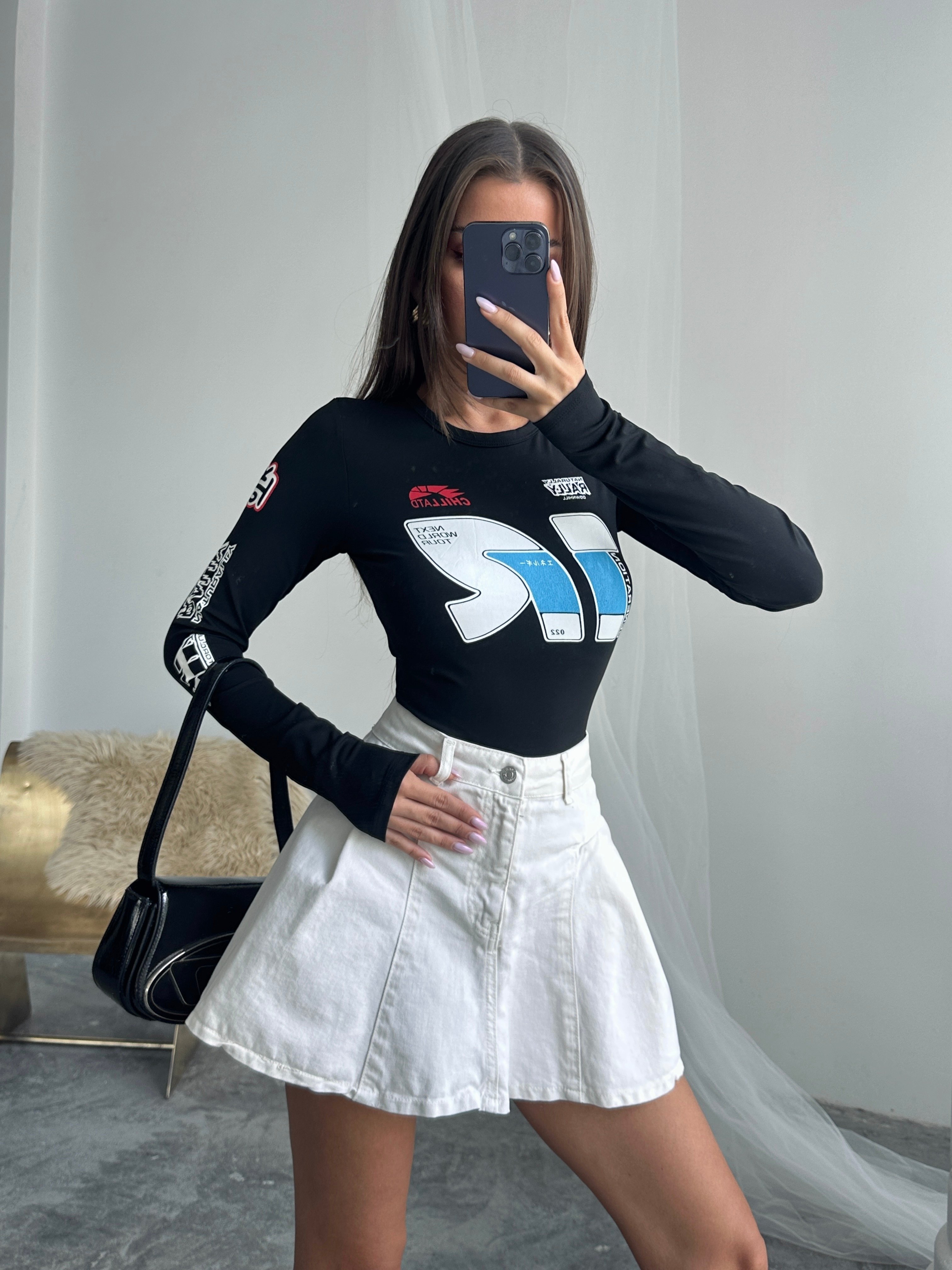 Baskılı Uzun Kollu T-shirt - Siyah