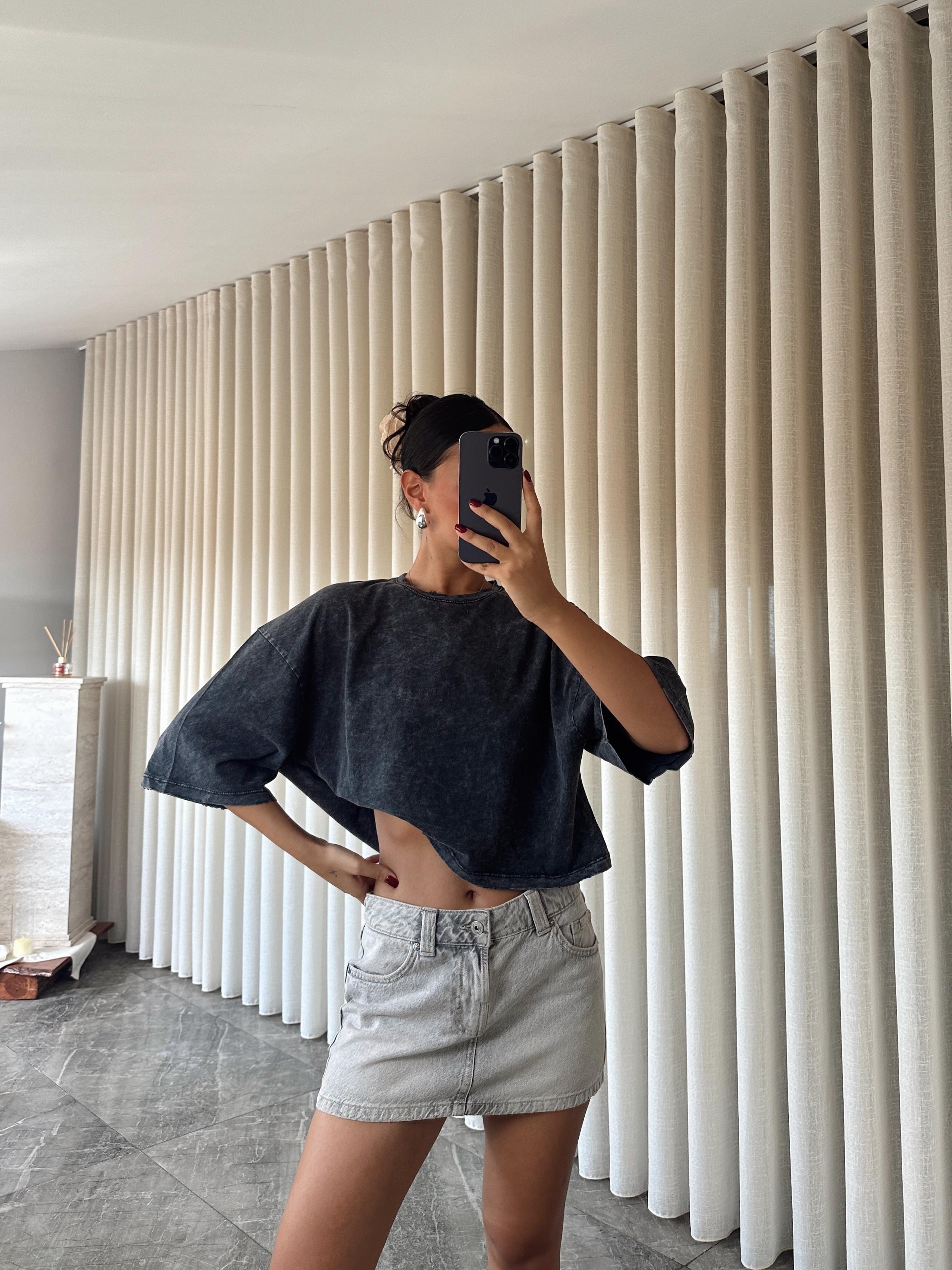 Yıkamalı Düz Crop Basic - Füme