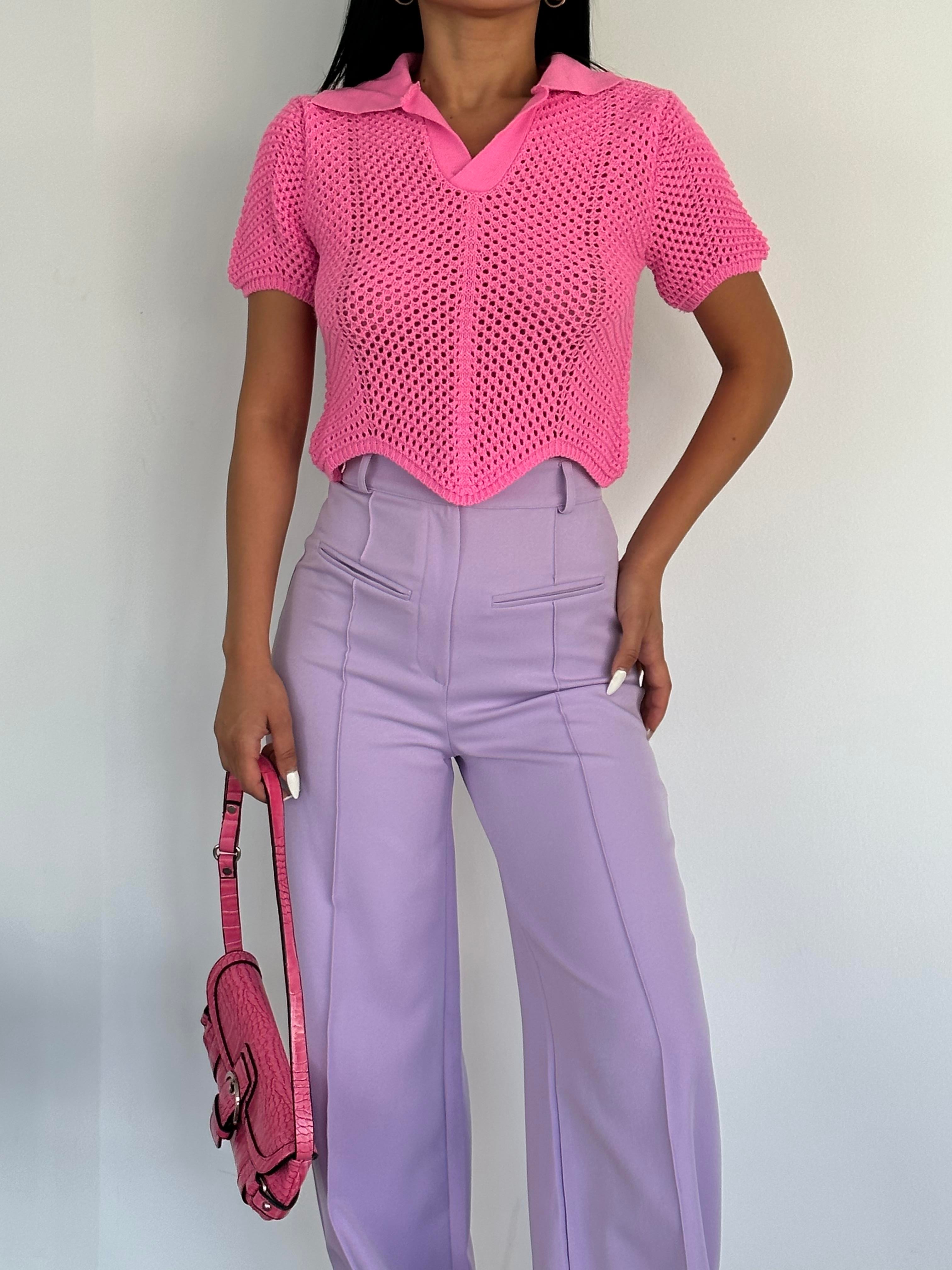 Asimetrik Polo Yaka Delikli Crop Pembe