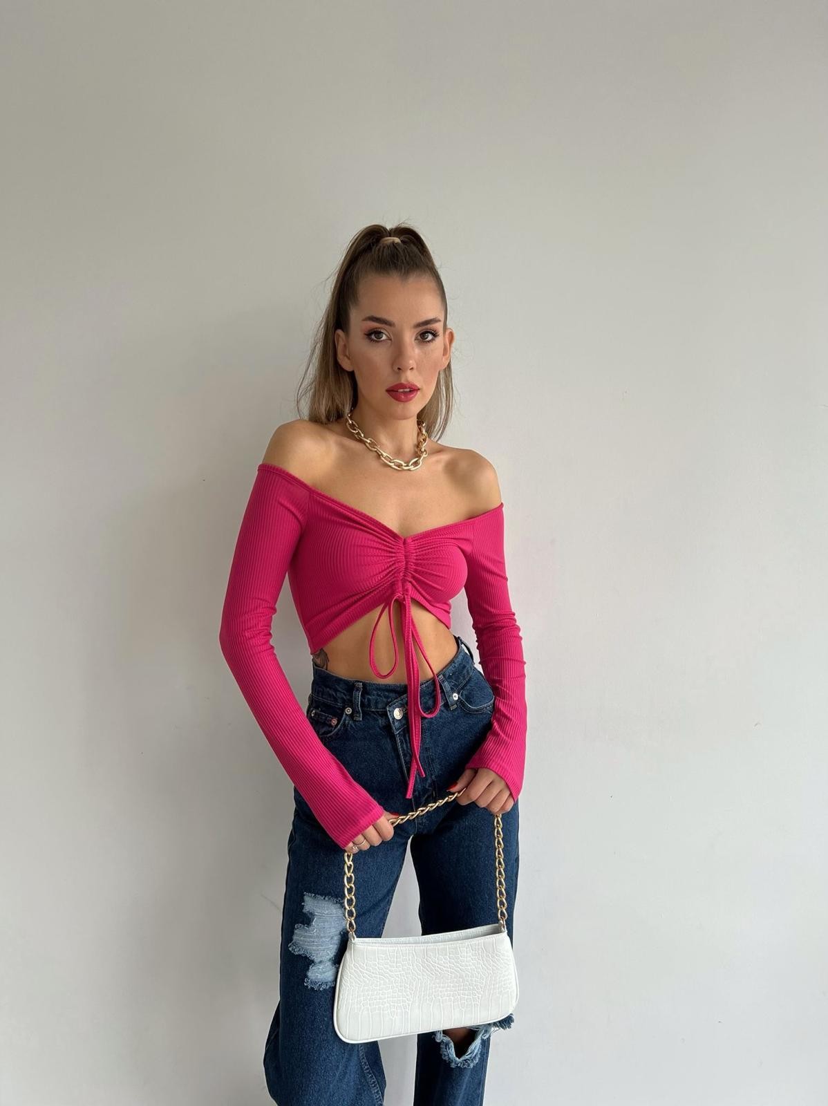 Ön Büzgü Fitilli Madonna Bluz Pembe