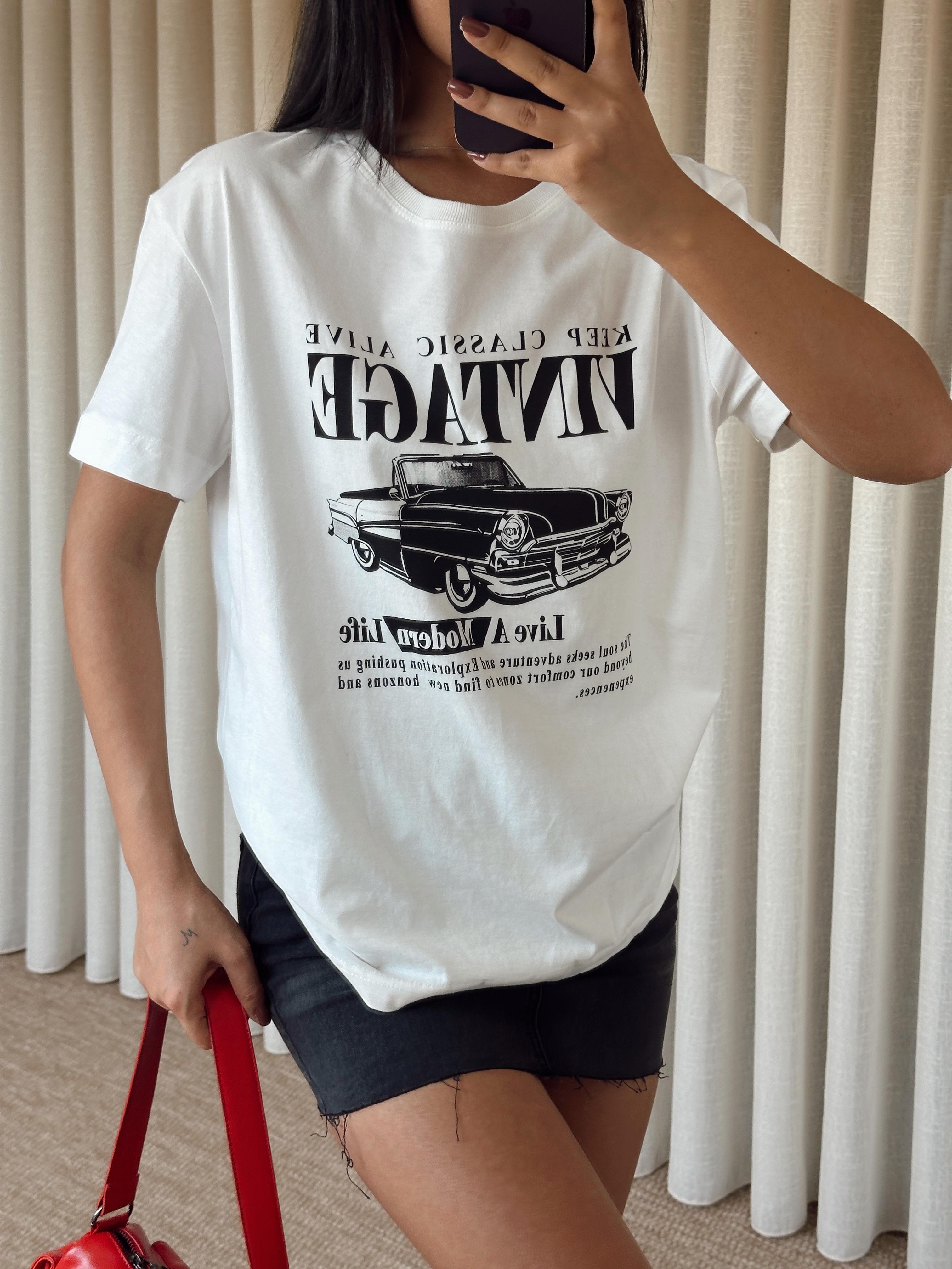 Vintage Car Baskı Basic - Beyaz